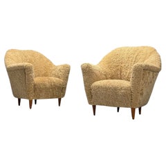 Sedie da salotto italiane di metà secolo, Shearling miele, Wood macchiato, anni '50