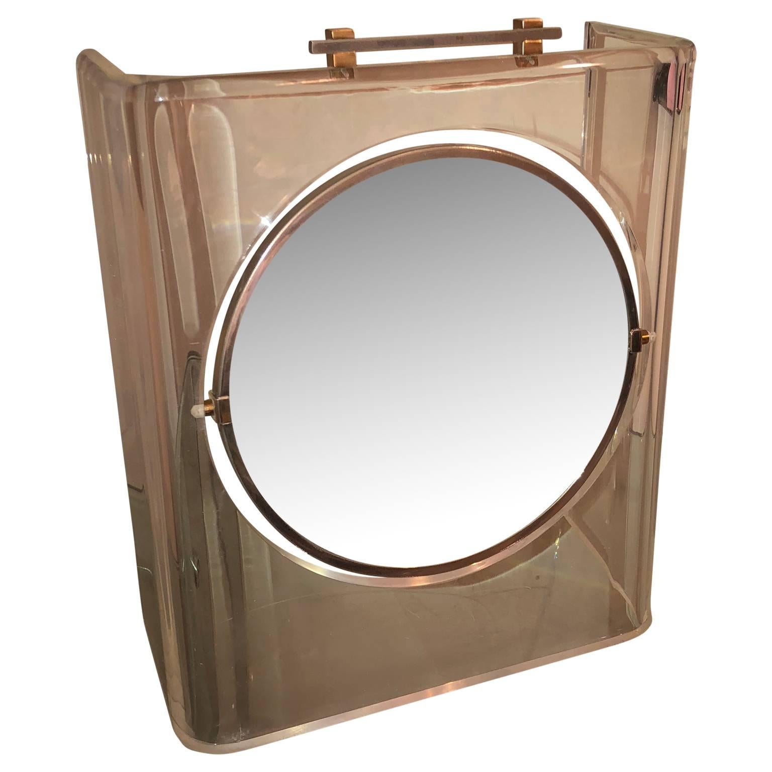 Italian Mid-Century Modern Lucite chrome and brass vanity table mirror.