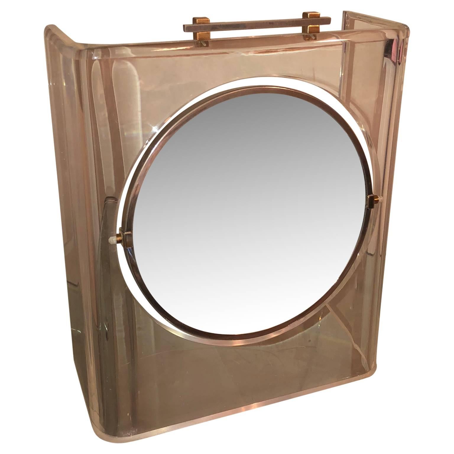 Hand-Crafted Italian Mid-Century Modern Lucite Chrome and Brass Vanity Table Mirror For Sale