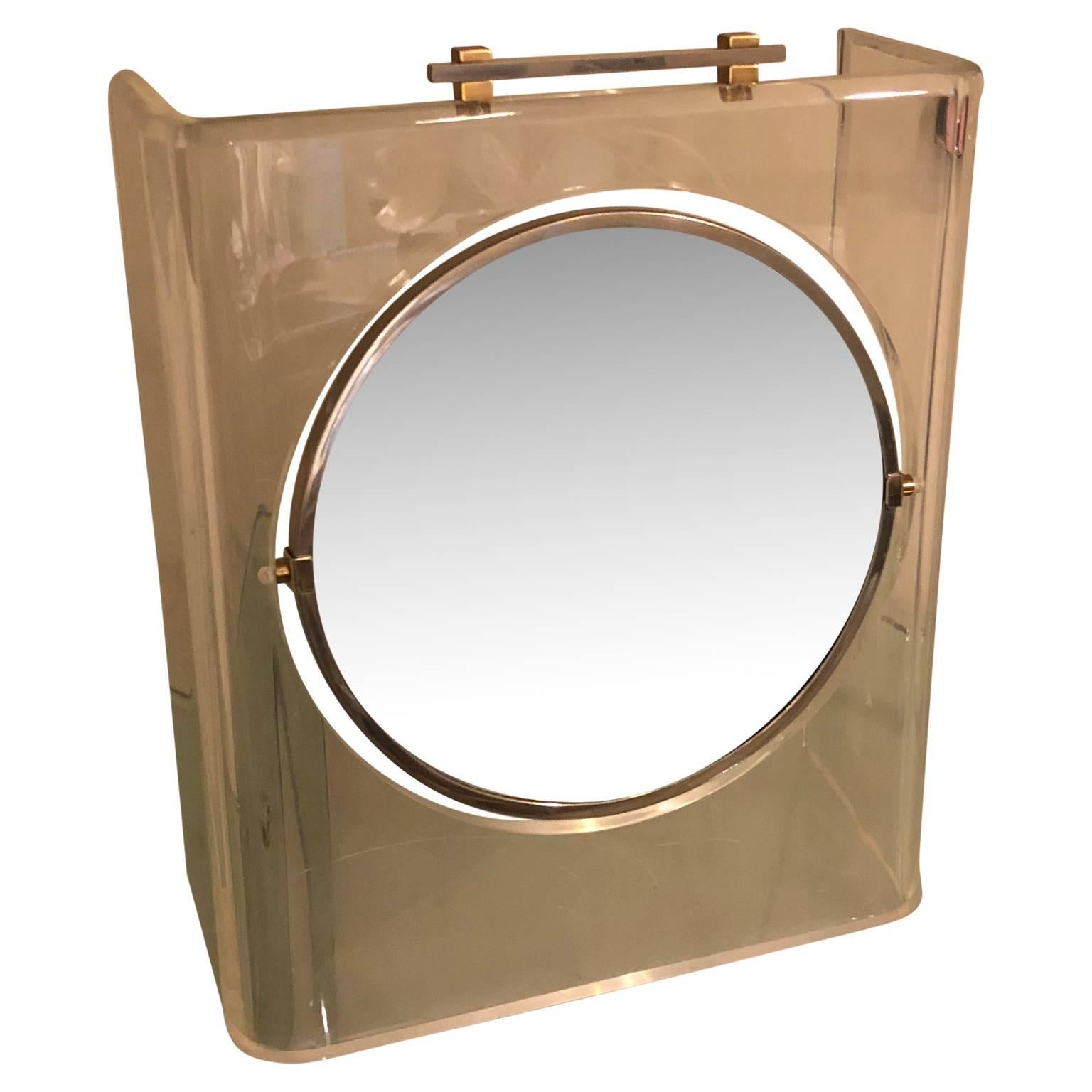Italian Mid-Century Modern Lucite Chrome and Brass Vanity Table Mirror In Good Condition For Sale In Haddonfield, NJ