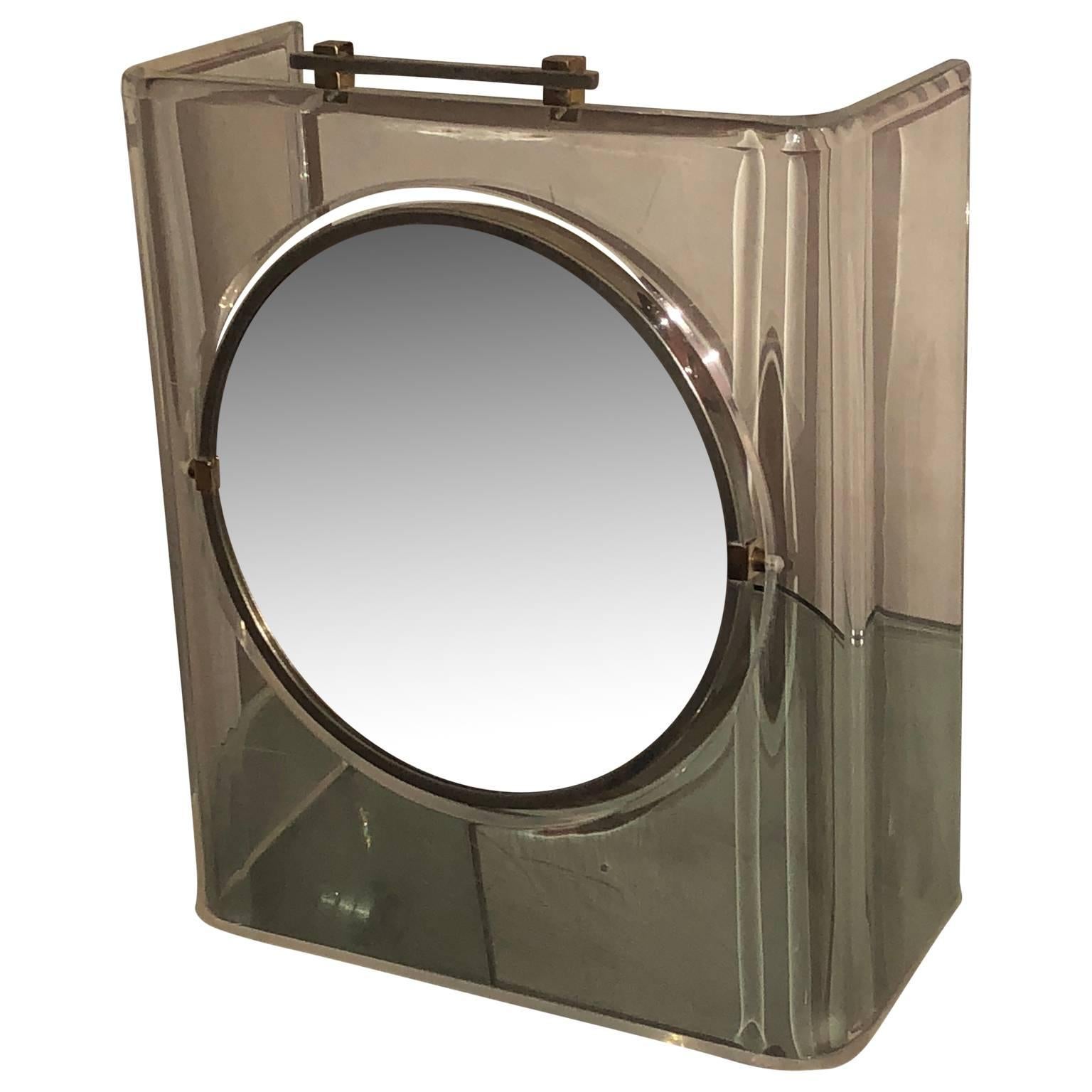 20th Century Italian Mid-Century Modern Lucite Chrome and Brass Vanity Table Mirror For Sale