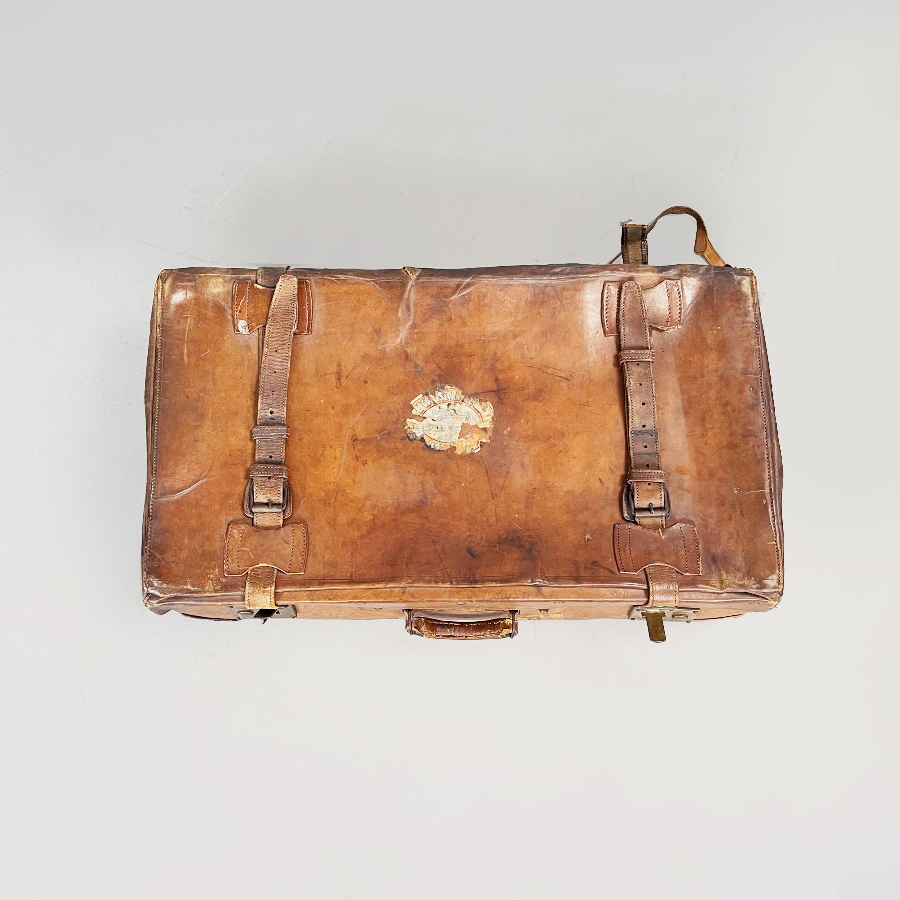 Italian Mid-Century Modern Luggage in Brown Leather with Beige Fabric, 1960s In Fair Condition For Sale In MIlano, IT