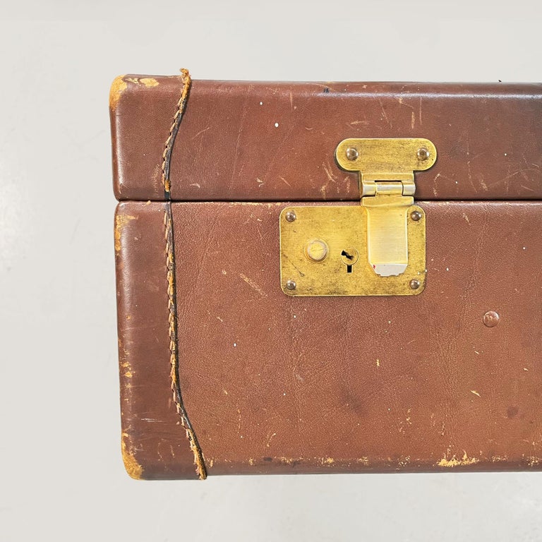 Italian Mid-Century Modern Luggage in Brown Leather with Beige