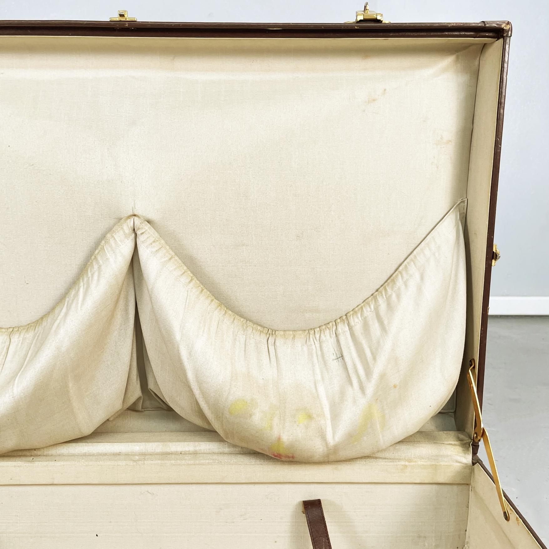 Maletas modernas italianas de mediados de siglo en cuero marrón con tela beige, años 70 en venta 7