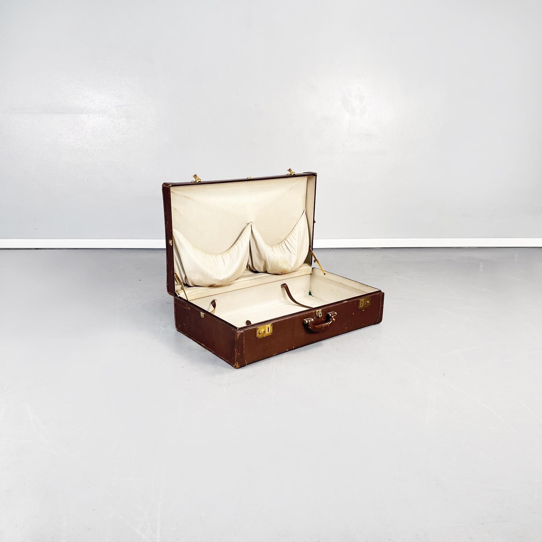 Maletas modernas italianas de mediados de siglo en cuero marrón con tela beige, años 70 Moderno de mediados de siglo en venta