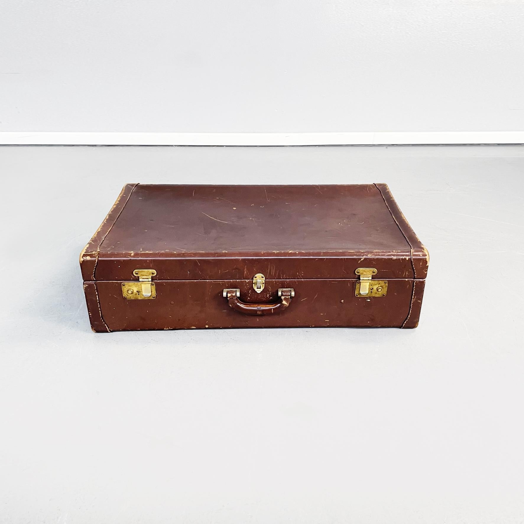 Italienisches Mid-Century-Modern-Gepäck aus braunem Leder mit beigem Stoff, 1970er Jahre im Zustand „Gut“ im Angebot in MIlano, IT