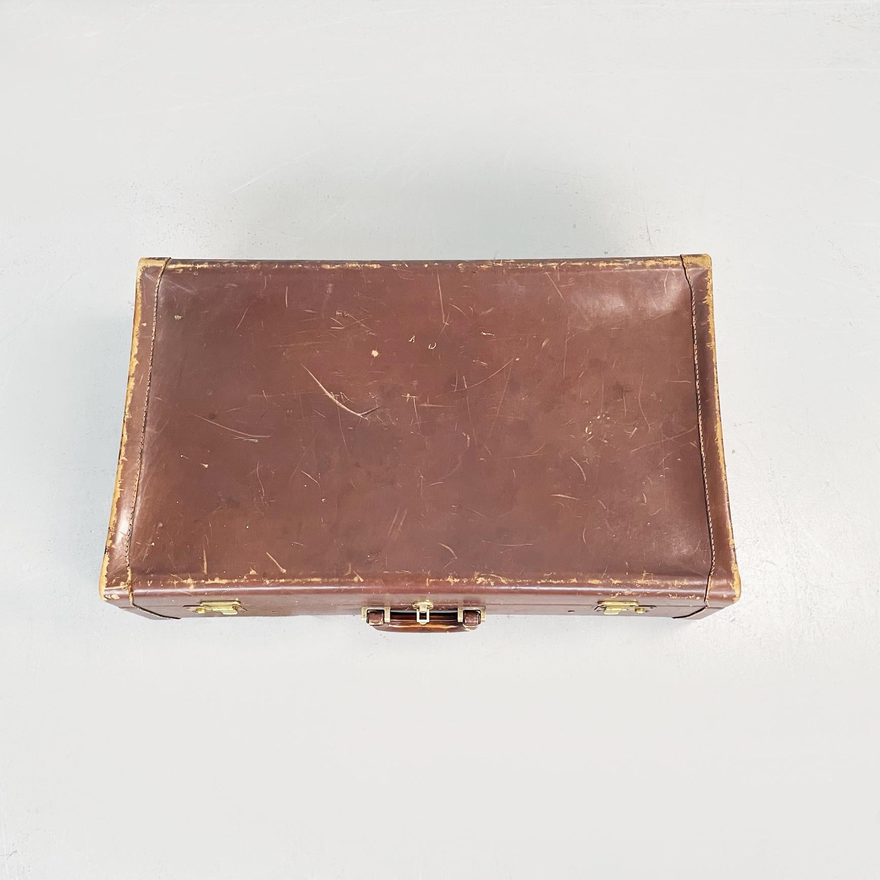 Maletas modernas italianas de mediados de siglo en cuero marrón con tela beige, años 70 Latón en venta