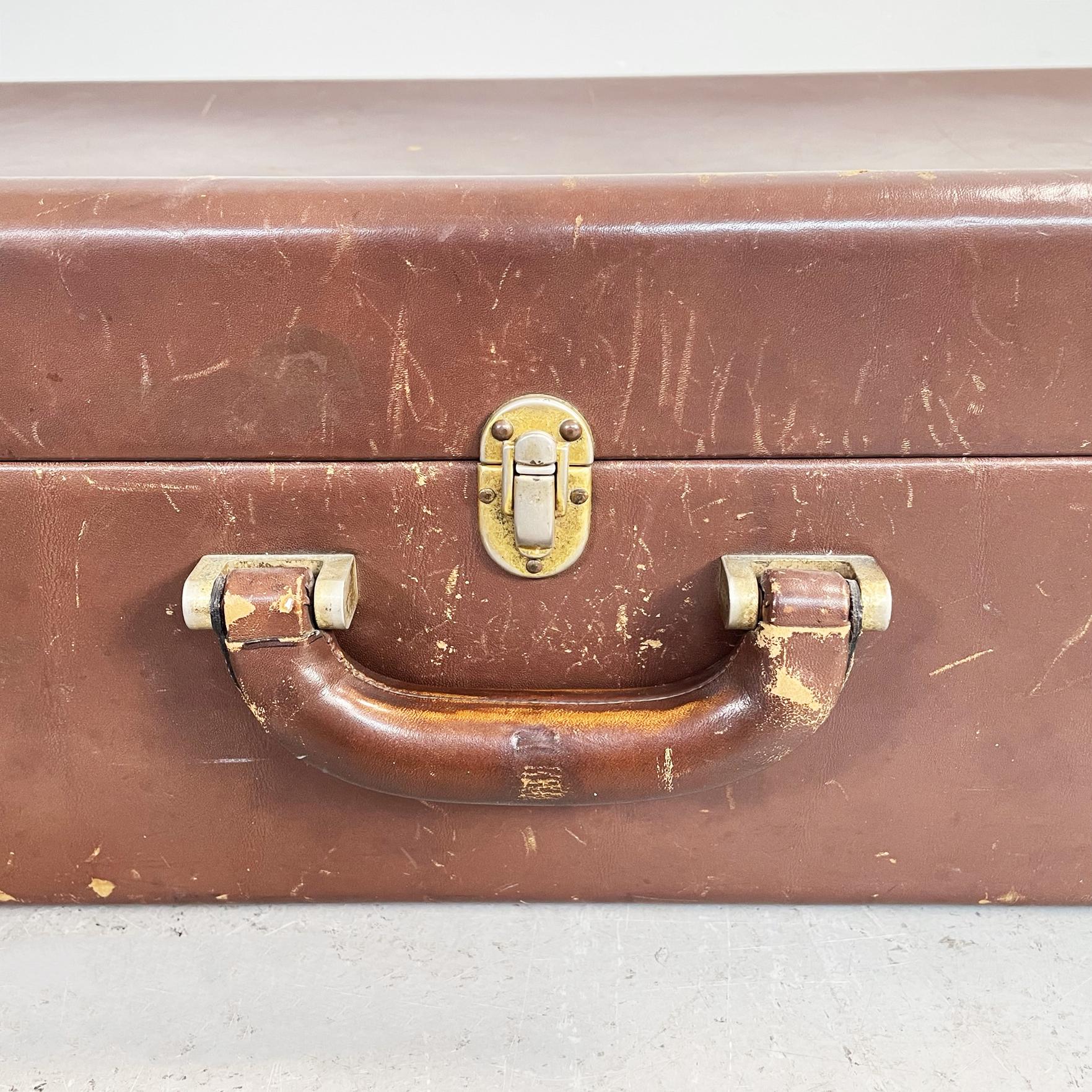 Italienisches Mid-Century-Modern-Gepäck aus braunem Leder mit beigem Stoff, 1970er Jahre im Angebot 3