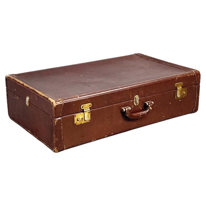 Italian Mid-Century Modern Luggage in Brown Leather with Beige Fabric, 1970s For Sale