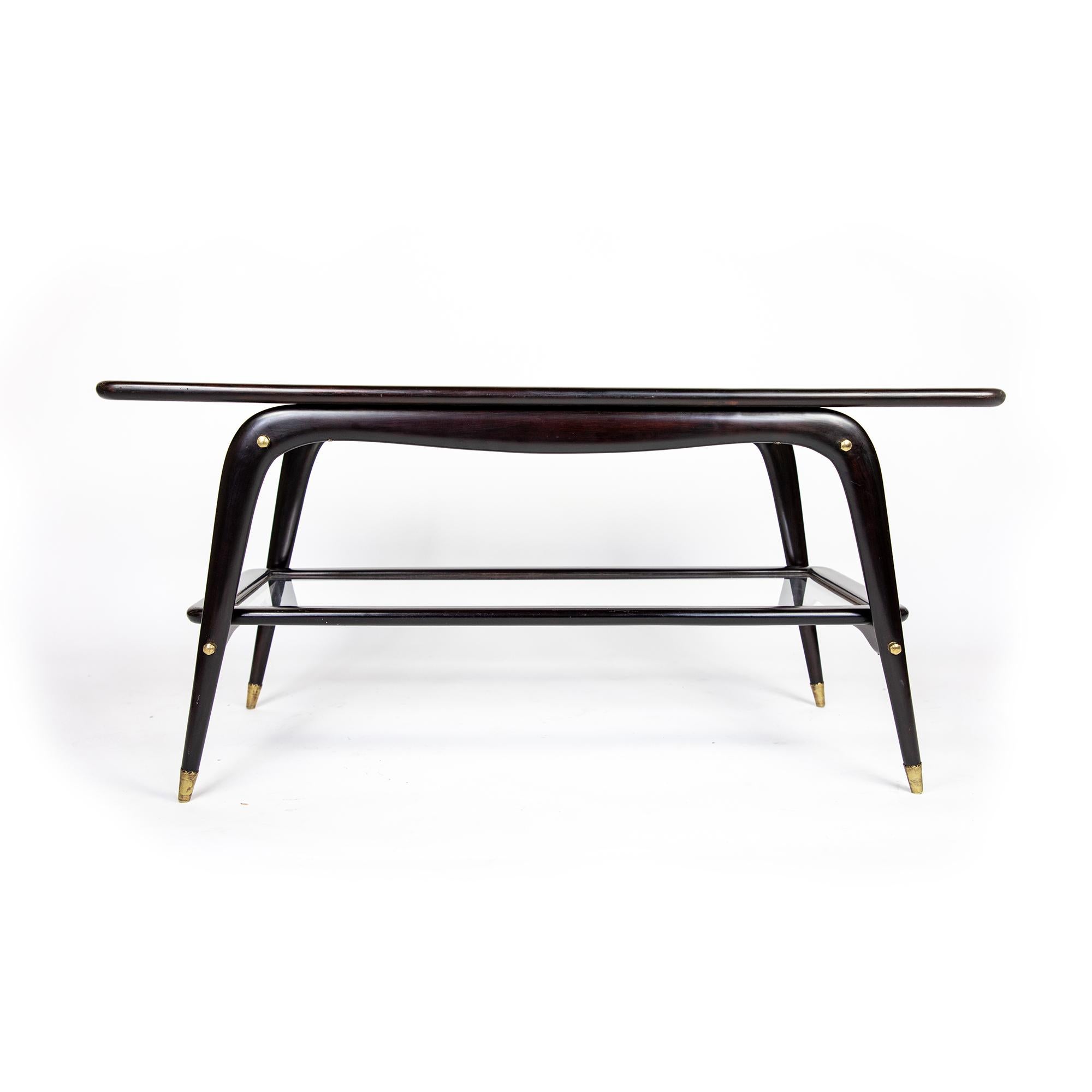 Mid-Century Modern Coffee Table, Cesare Lacca Style, Mahogany Brown, Glass, Brass, Italy 1950s For Sale