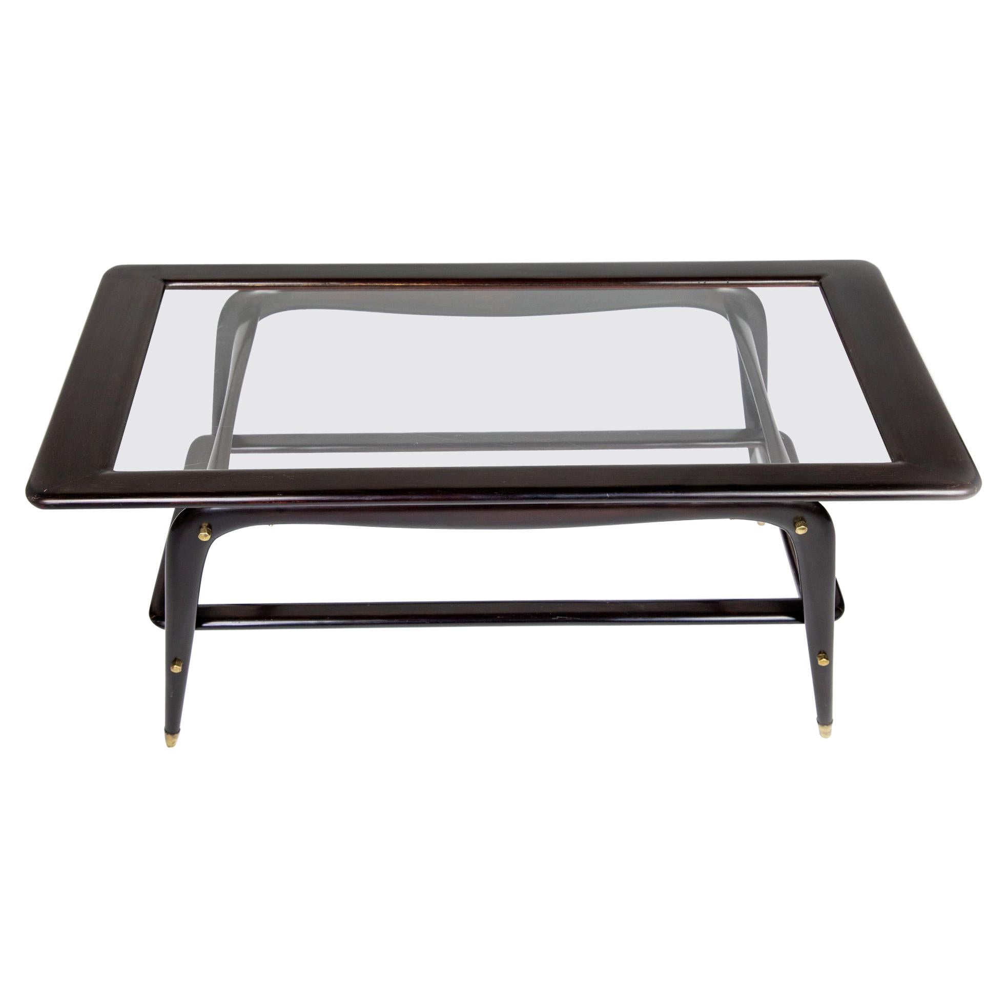 Coffee Table, Cesare Lacca Style, Mahogany Brown, Glass, Brass, Italy 1950s