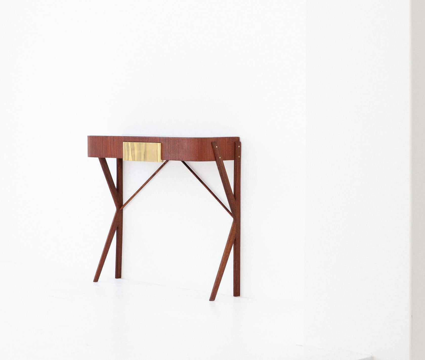 Wood Italian Mid-Century Modern Mahogany, Glass and Brass Console Table