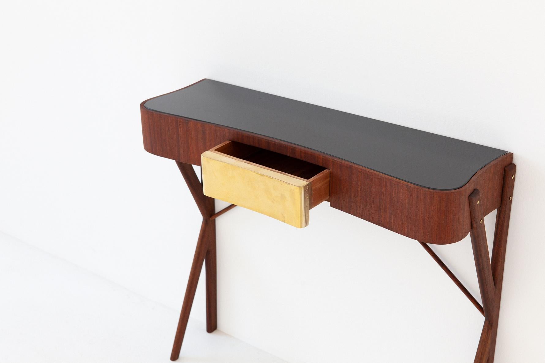 Italian Mid-Century Modern Mahogany, Glass and Brass Console Table 1