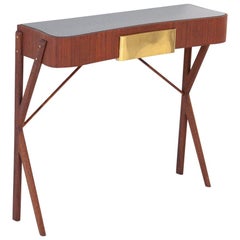 Italian Mid-Century Modern Mahogany, Glass and Brass Console Table