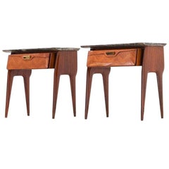 Italian Mid-Century Modern Marble Brass Wood Bedside Tables Nightstands, 1950s
