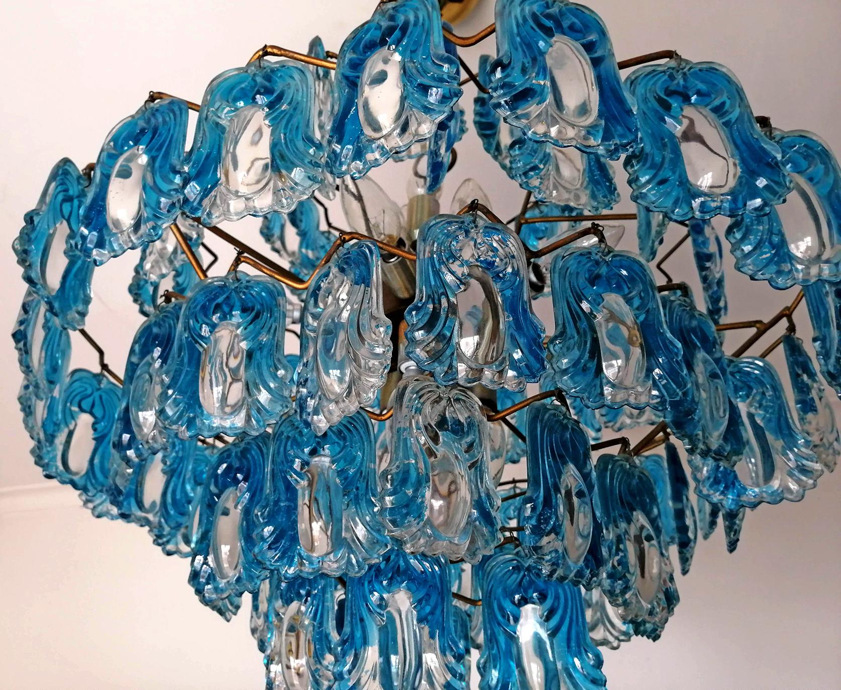 Gilt Italian Mid-Century Modern Mazzega Blue Glass 15-Light Chandelier