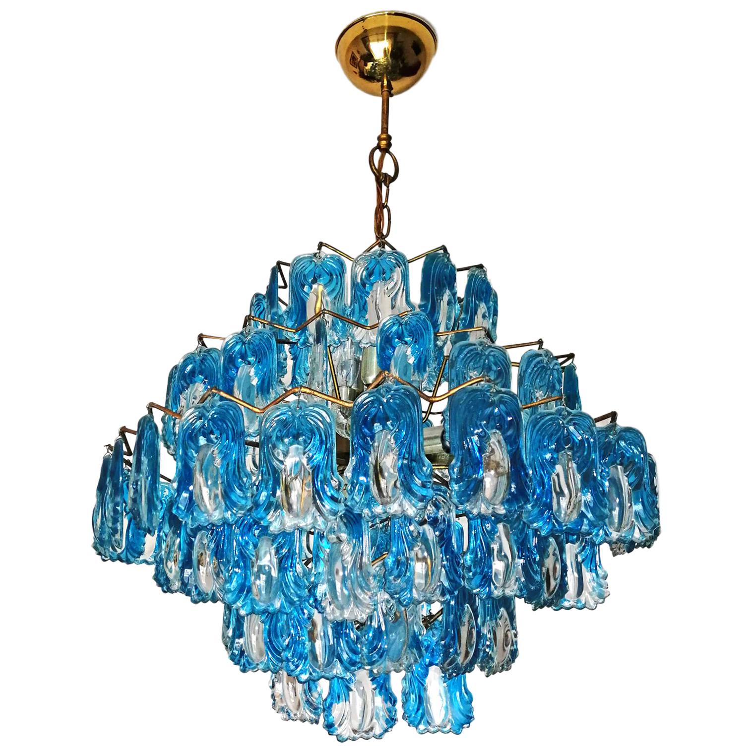 Italian Mid-Century Modern Mazzega Blue Glass 15-Light Chandelier