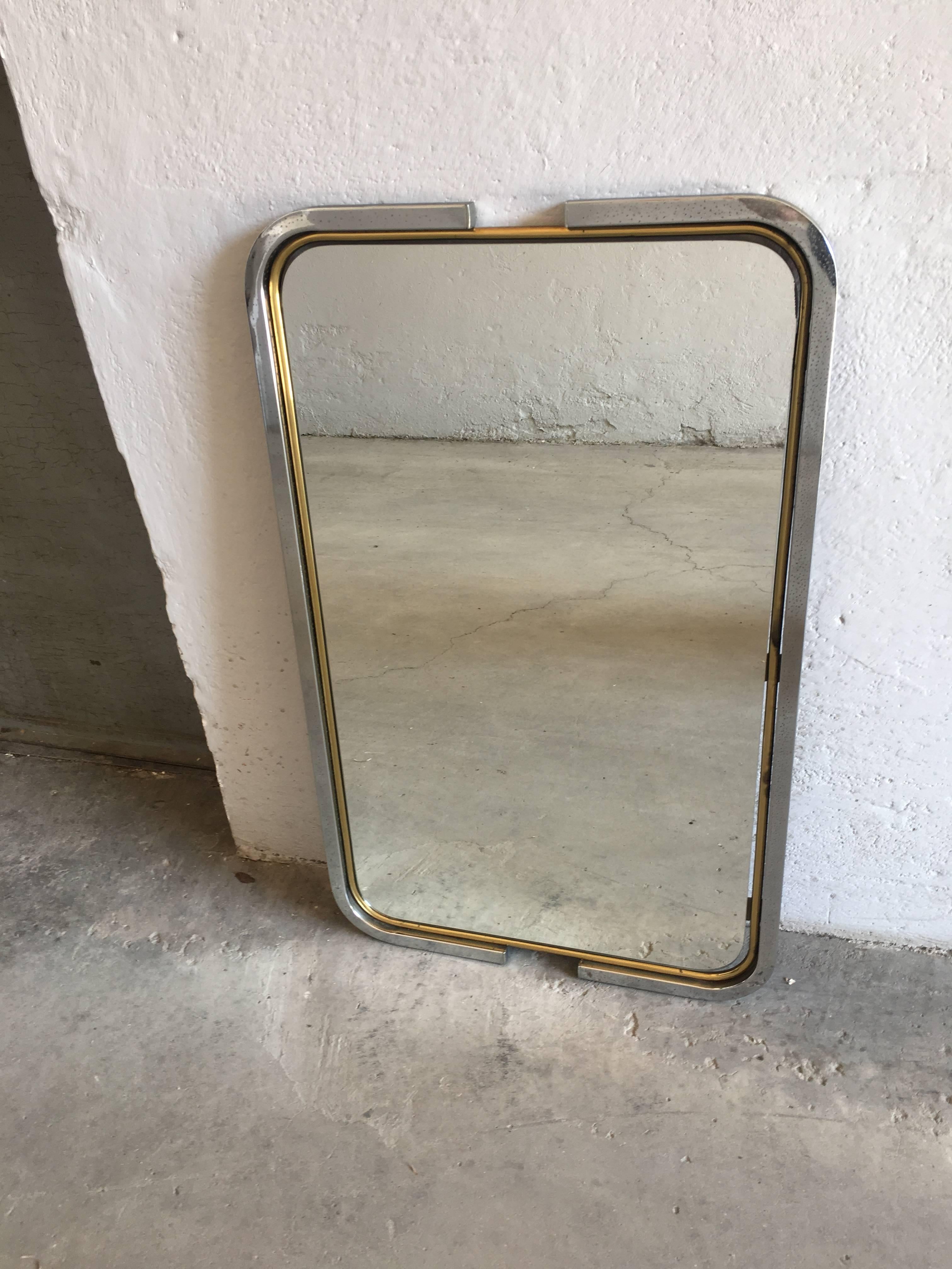 Italian Mid-Century Modern Mirror with Chrome and Brass Frame from 1970s In Good Condition In Prato, IT