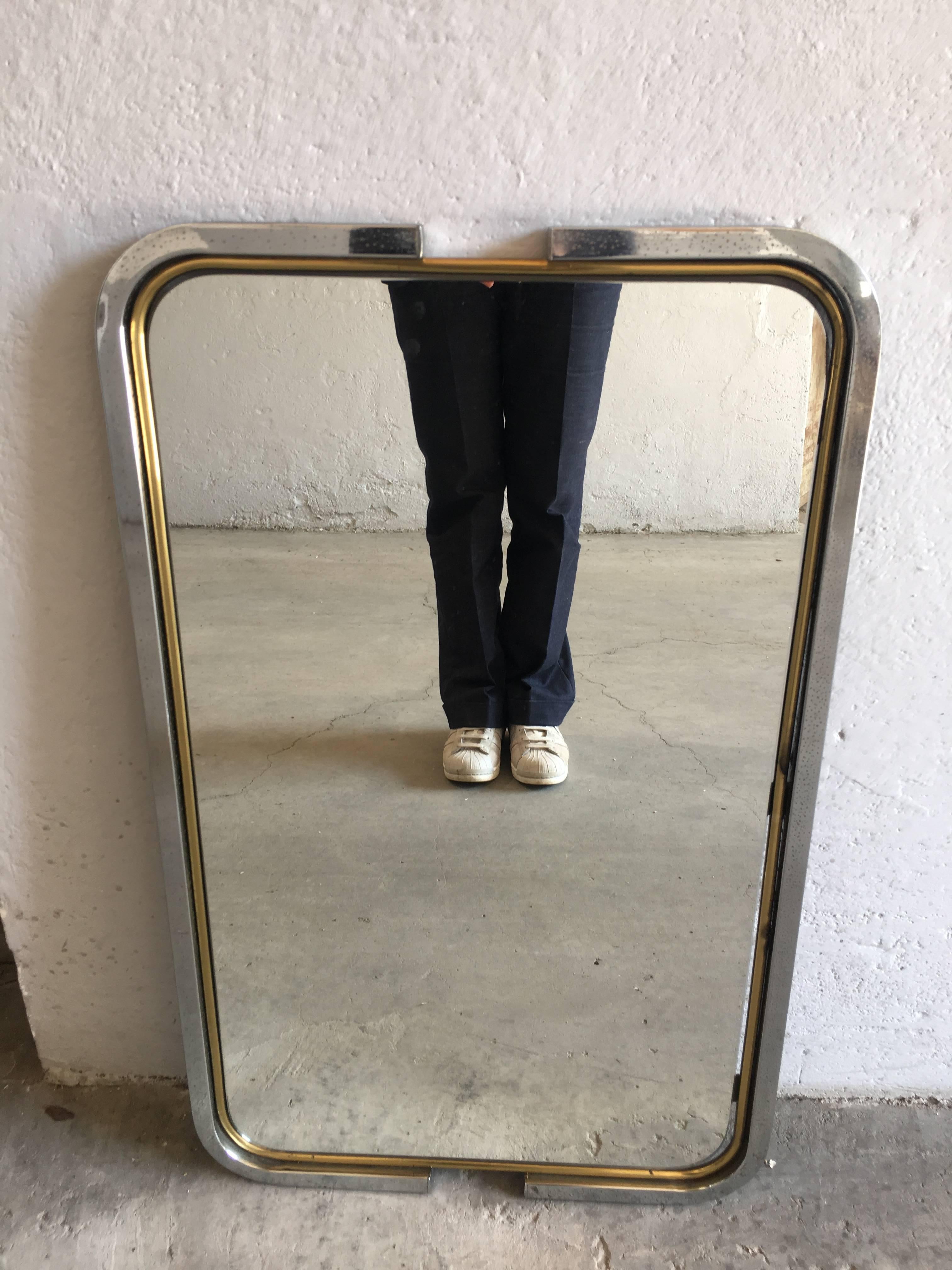 Late 20th Century Italian Mid-Century Modern Mirror with Chrome and Brass Frame from 1970s