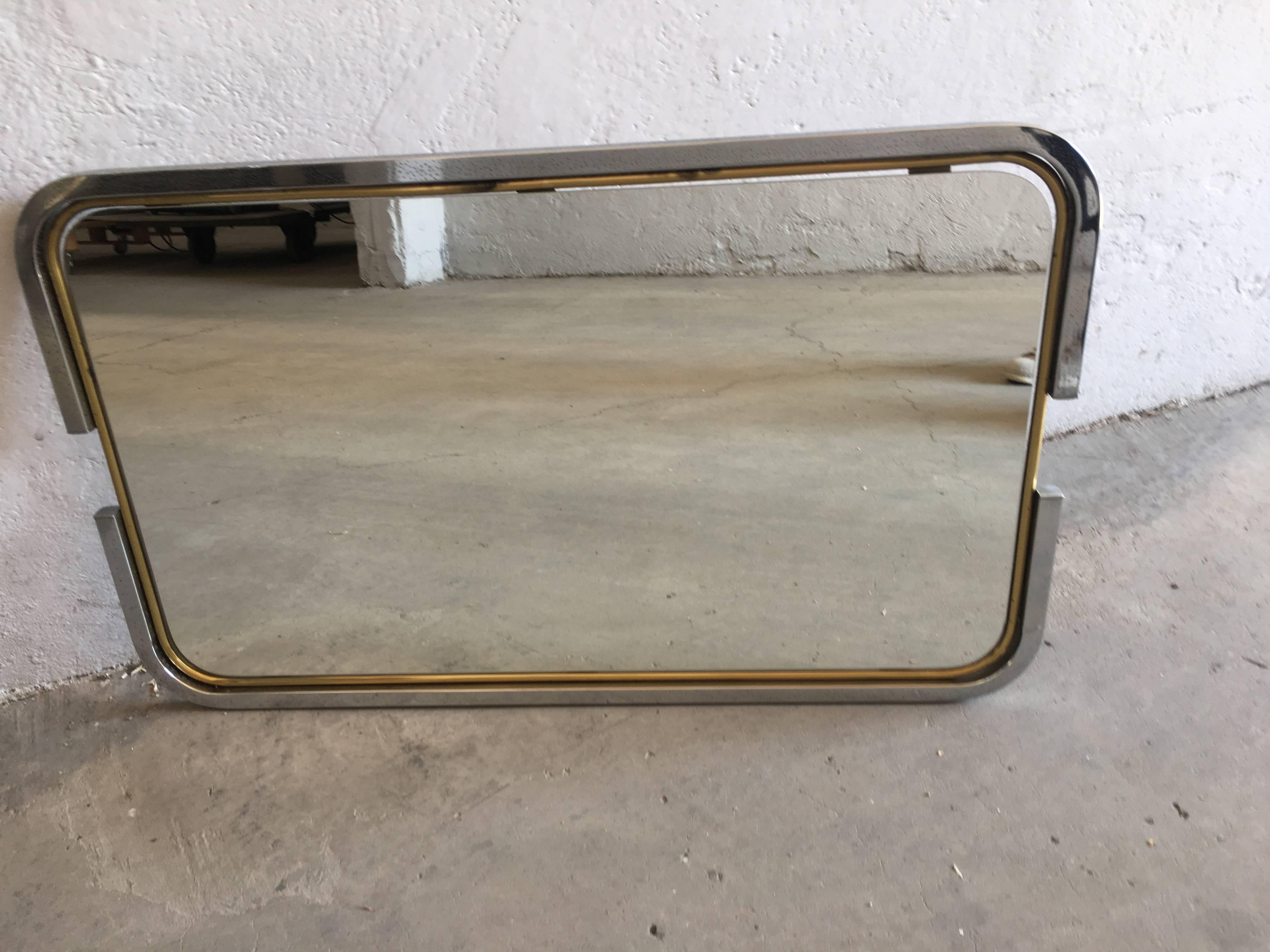 Italian Mid-Century Modern Mirror with Chrome and Brass Frame from 1970s 2