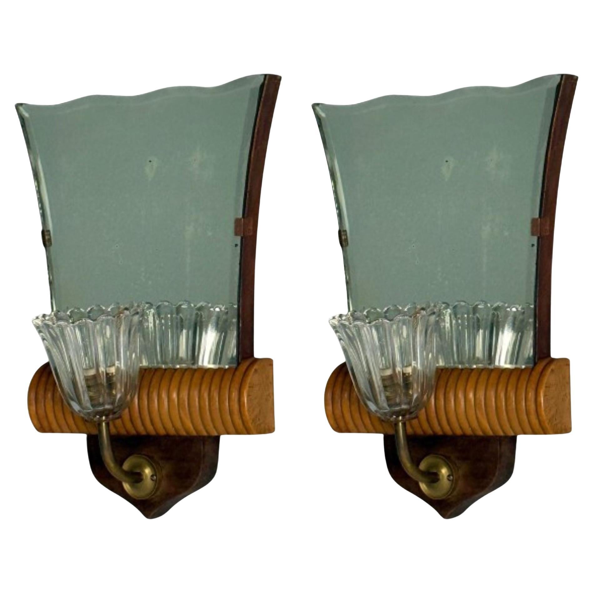 Italienische Mid-Century-Modern-Wandleuchter, verspiegelt, Messing, Holz, Italien, 1940er Jahre im Angebot