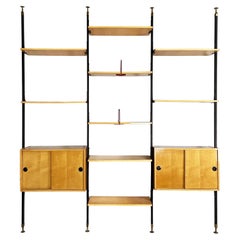 Italian mid-century modern modular bookcase in wood and black metal, 1960s
