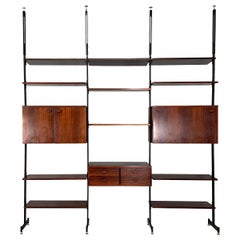 Libreria modulare italiana di metà secolo in legno e metallo, anni '60