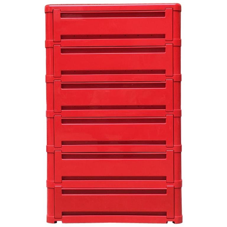 Italian Mid-Century Modern Modular Red Plastic Chest of Drawers by Kartell 1970s