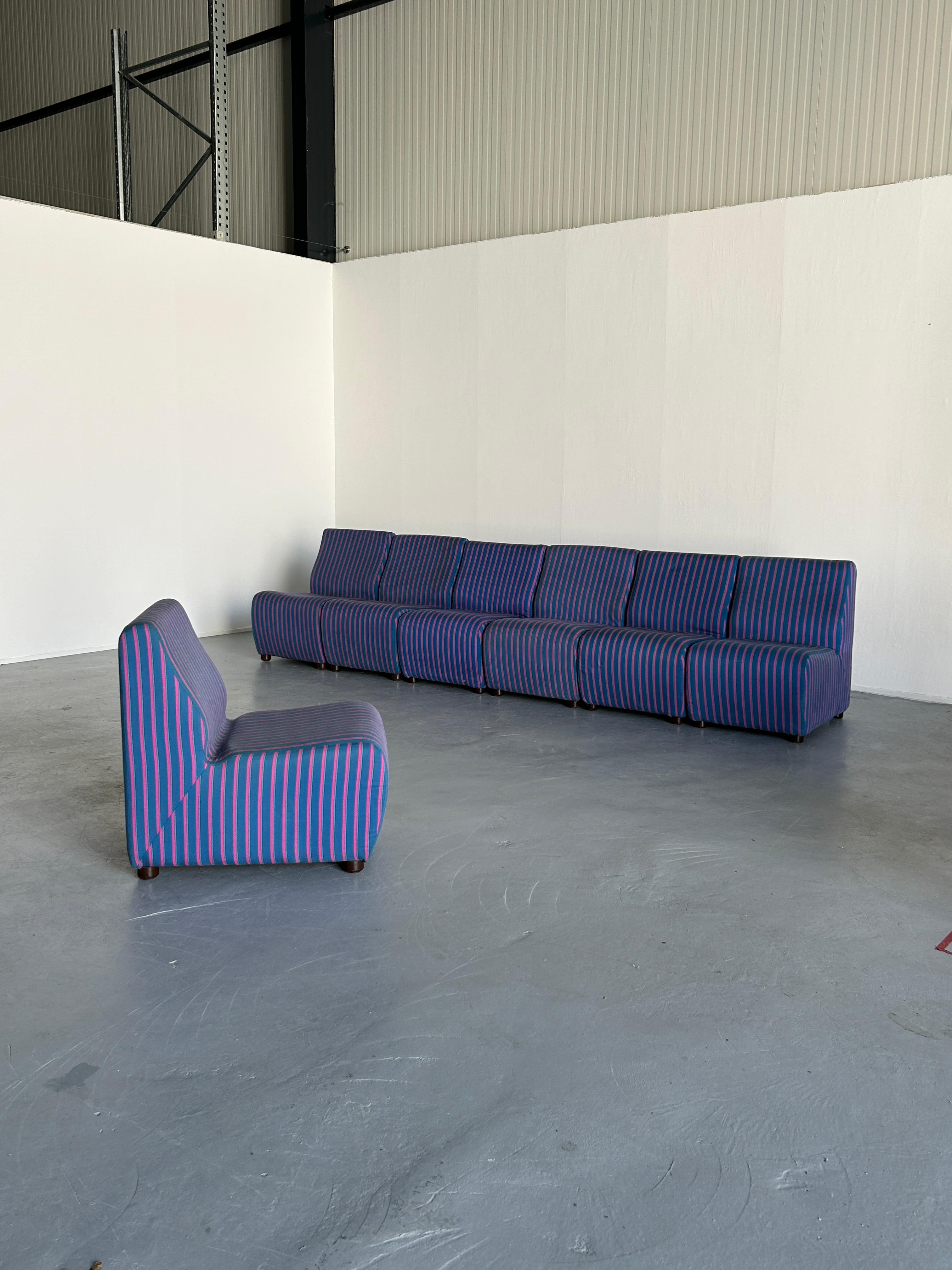 Late 20th Century Italian Mid-Century-Modern Modular Sofa Modules in Blue Striped Upholstery, 70s