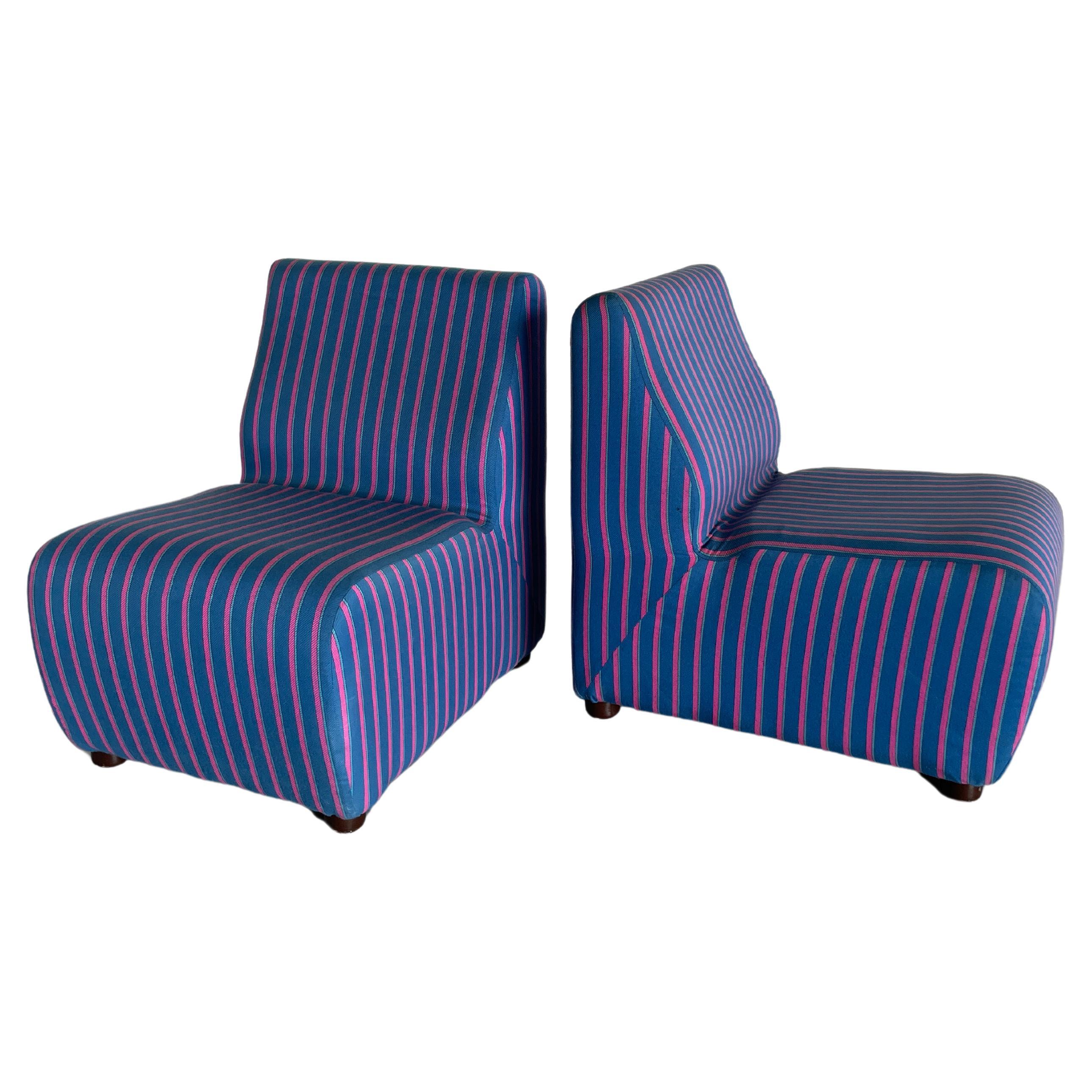 Italian Mid-Century-Modern Modular Sofa Modules in Blue Striped Upholstery, 70s