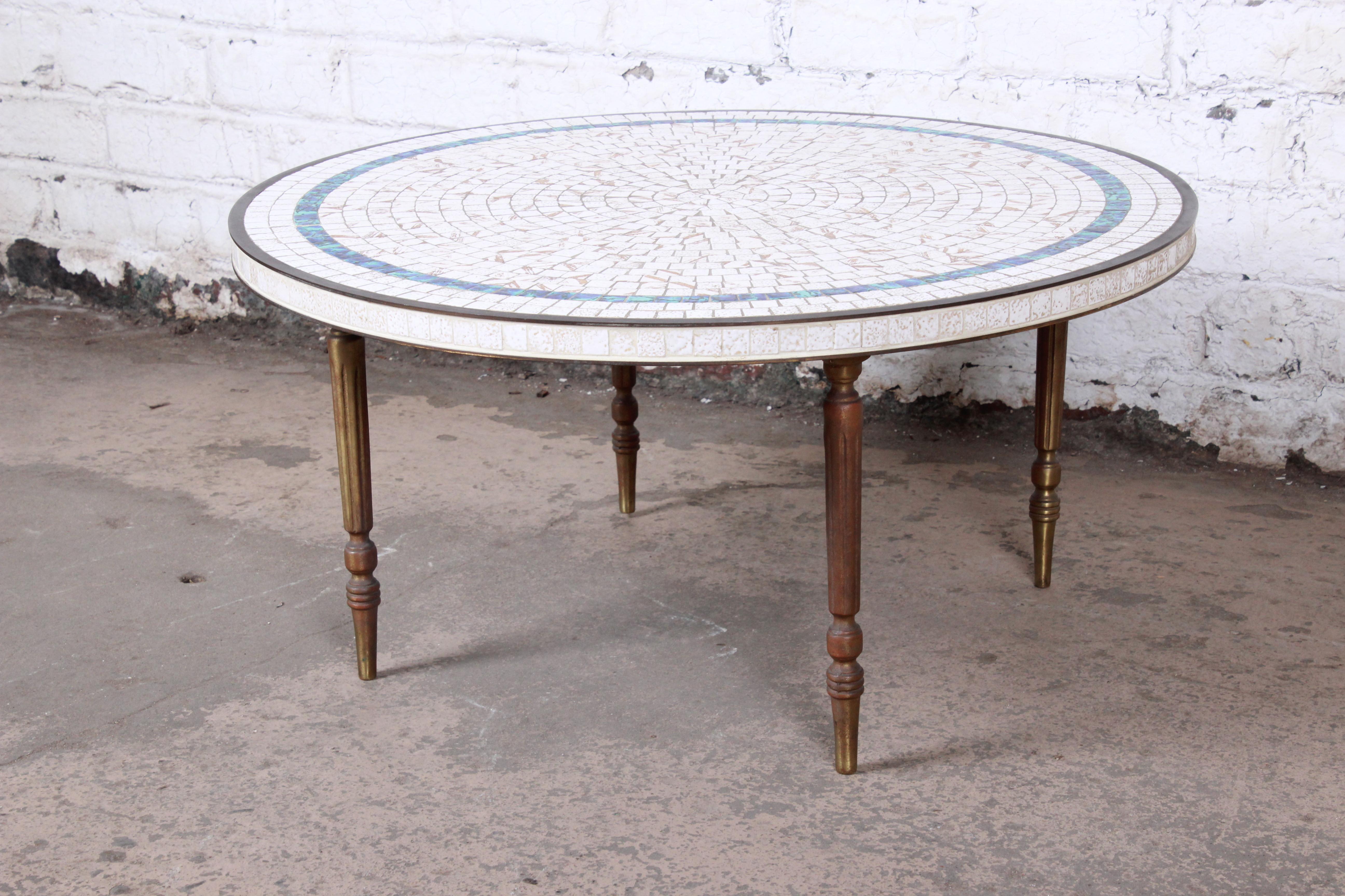 Italian Mid-Century Modern Mosaic Tile and Brass Cocktail Table, 1950s In Good Condition In South Bend, IN