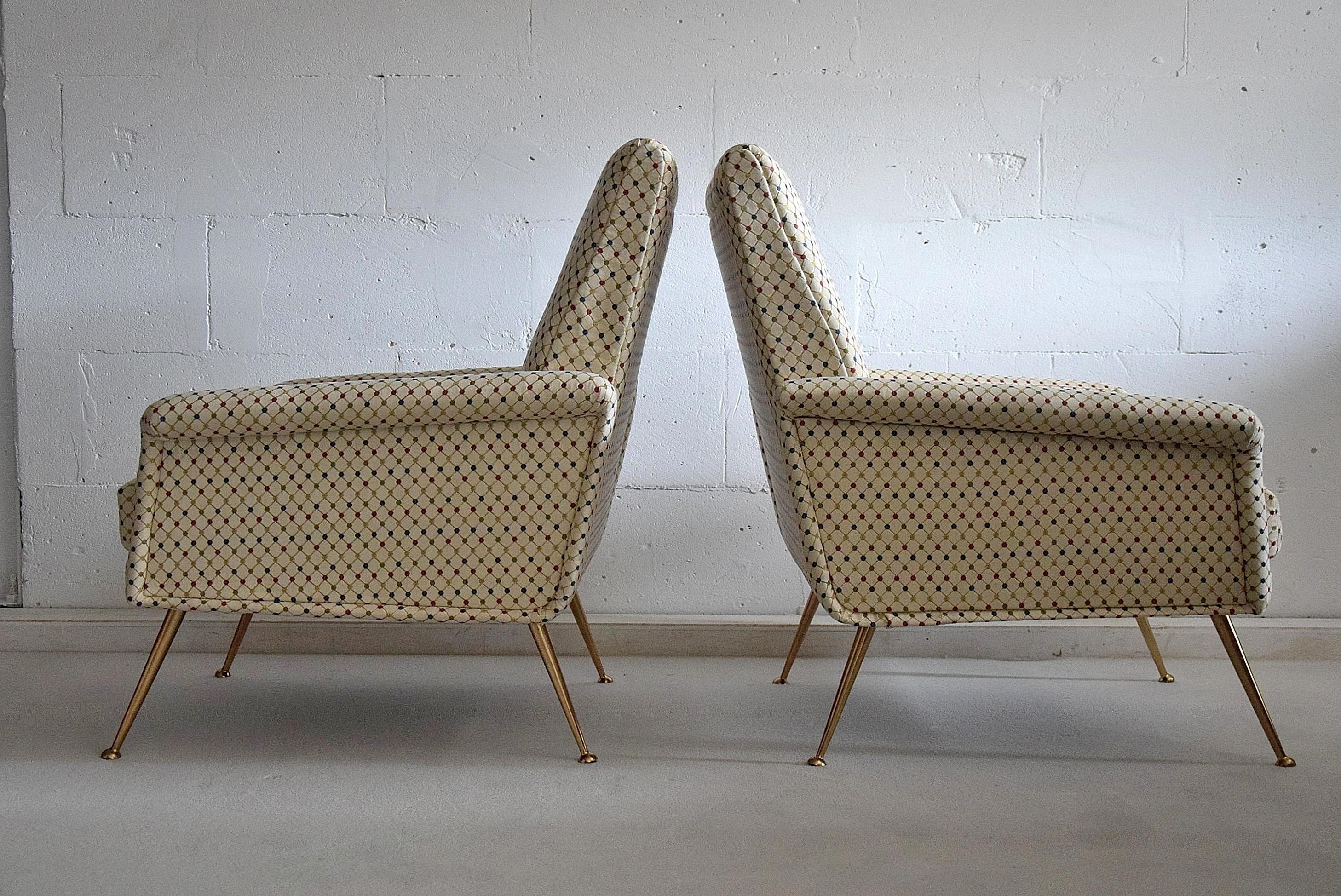 Brass Italian Mid-Century Modern Multi-Color Lounge Chairs
