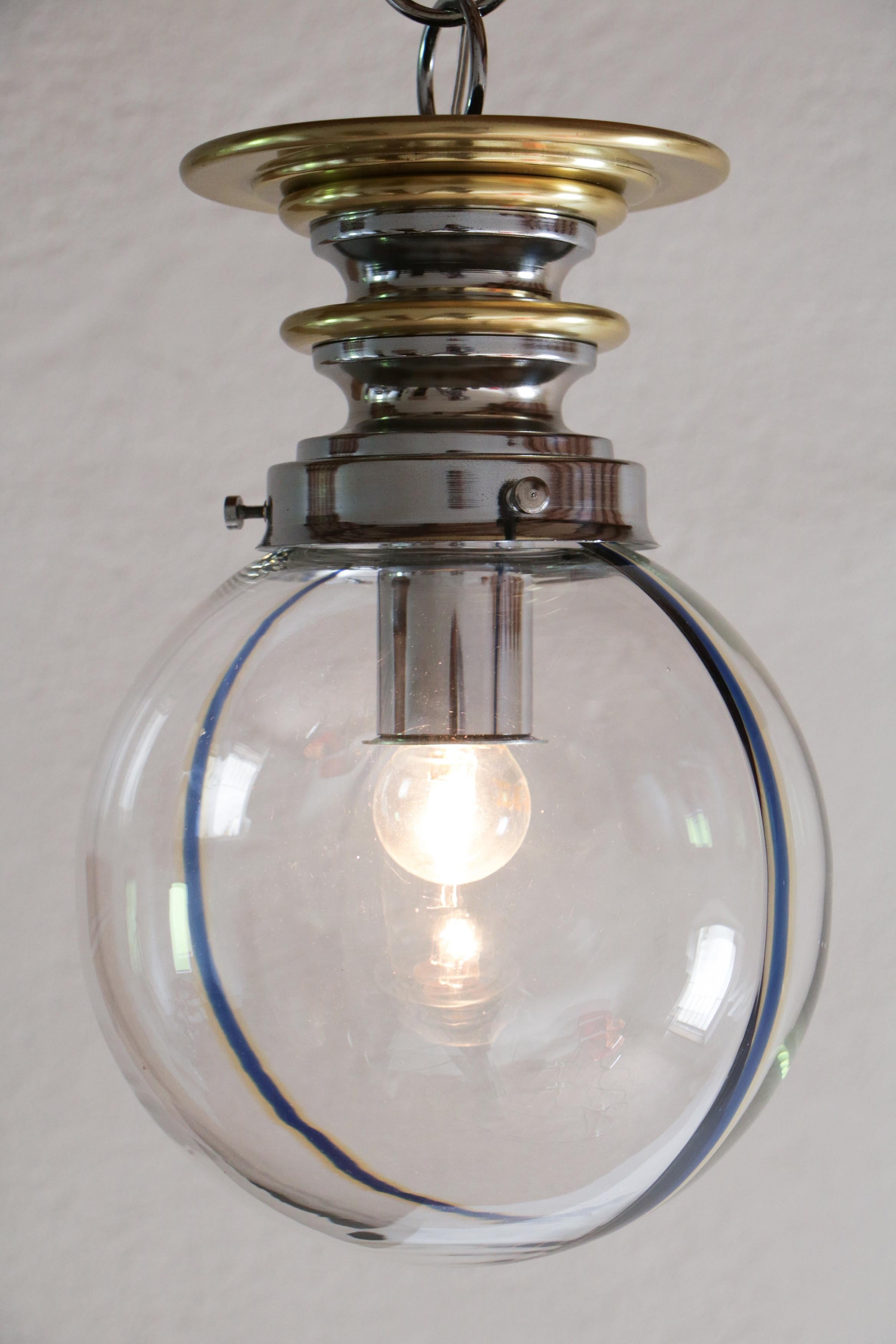 Late 20th Century Italian Mid-Century Modern Murano Ball Glass Pendant Lamp, Blue Wire, 1970s For Sale