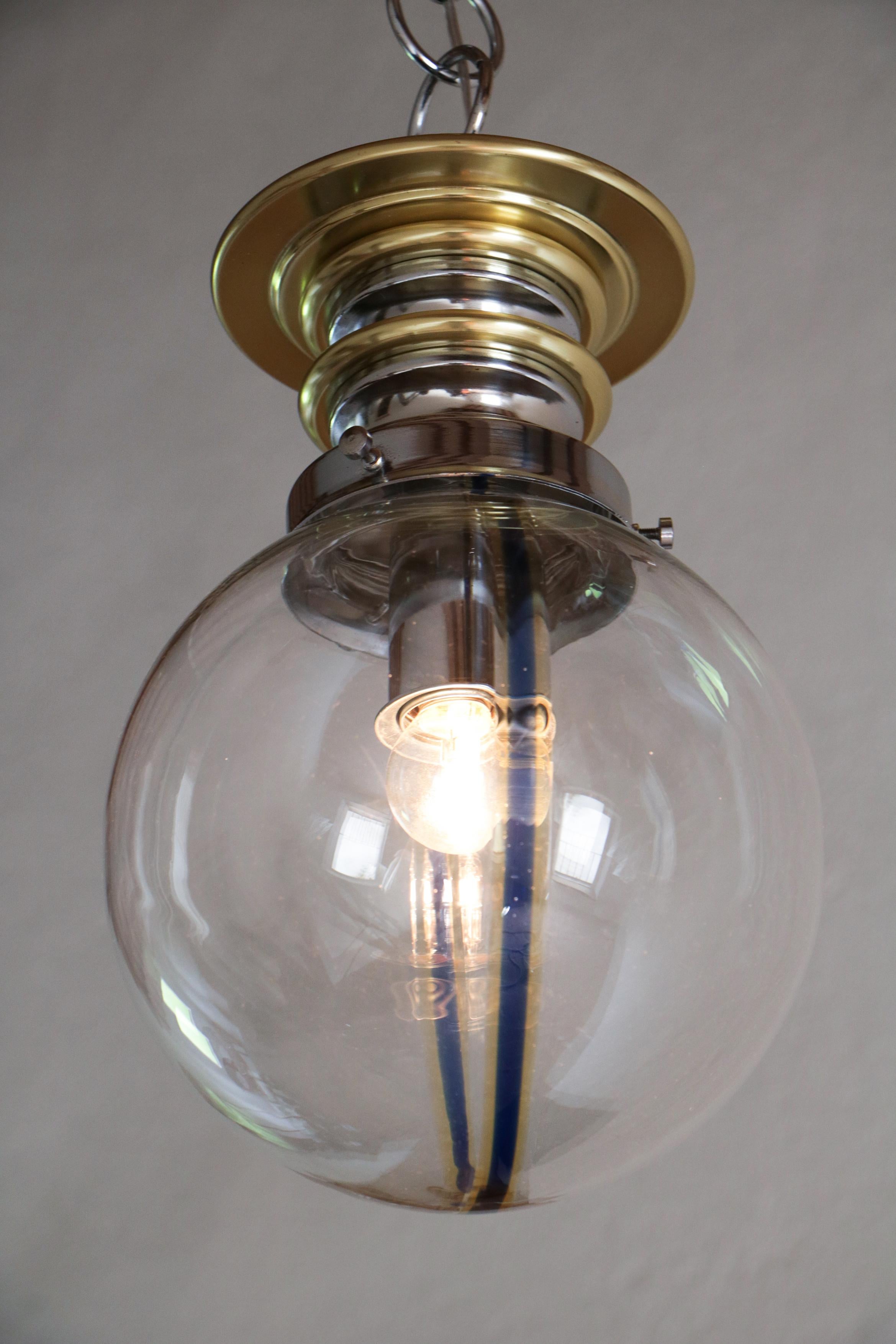 Brass Italian Mid-Century Modern Murano Ball Glass Pendant Lamp, Blue Wire, 1970s For Sale