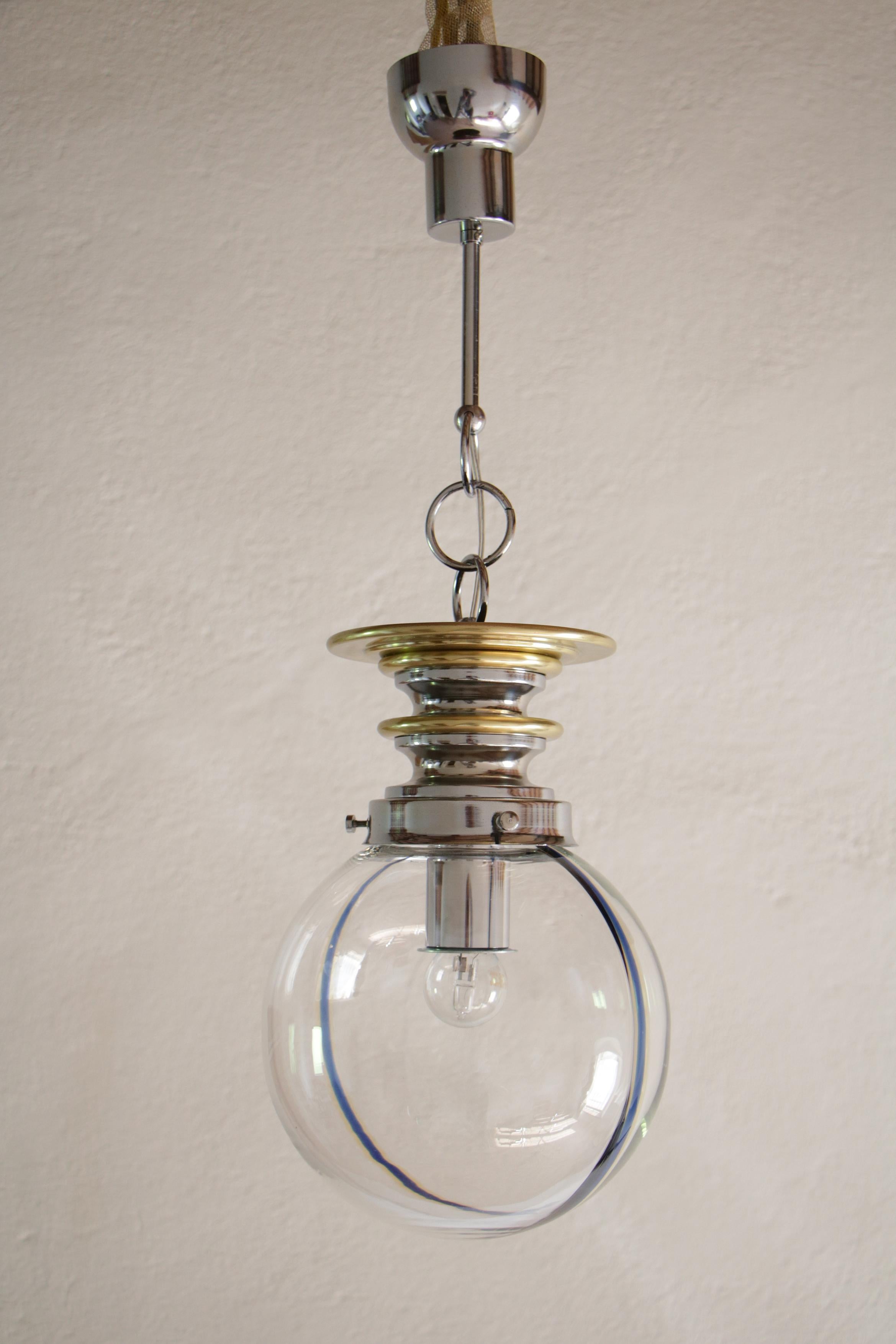 Italian Mid-Century Modern Murano Ball Glass Pendant Lamp, Blue Wire, 1970s For Sale 1