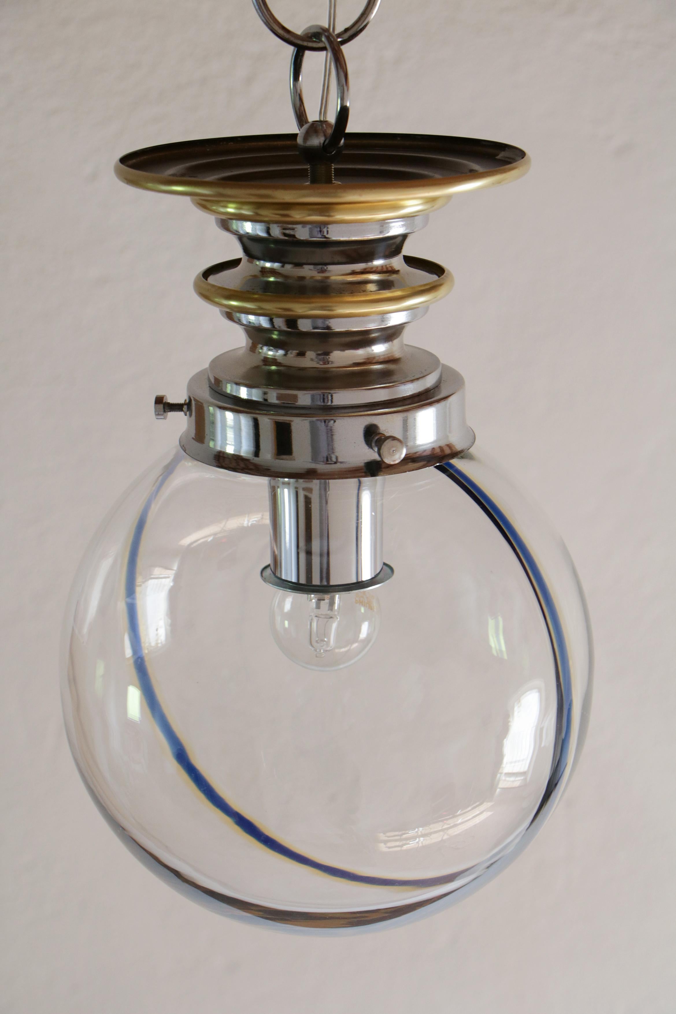 Italian Mid-Century Modern Murano Ball Glass Pendant Lamp, Blue Wire, 1970s For Sale 2