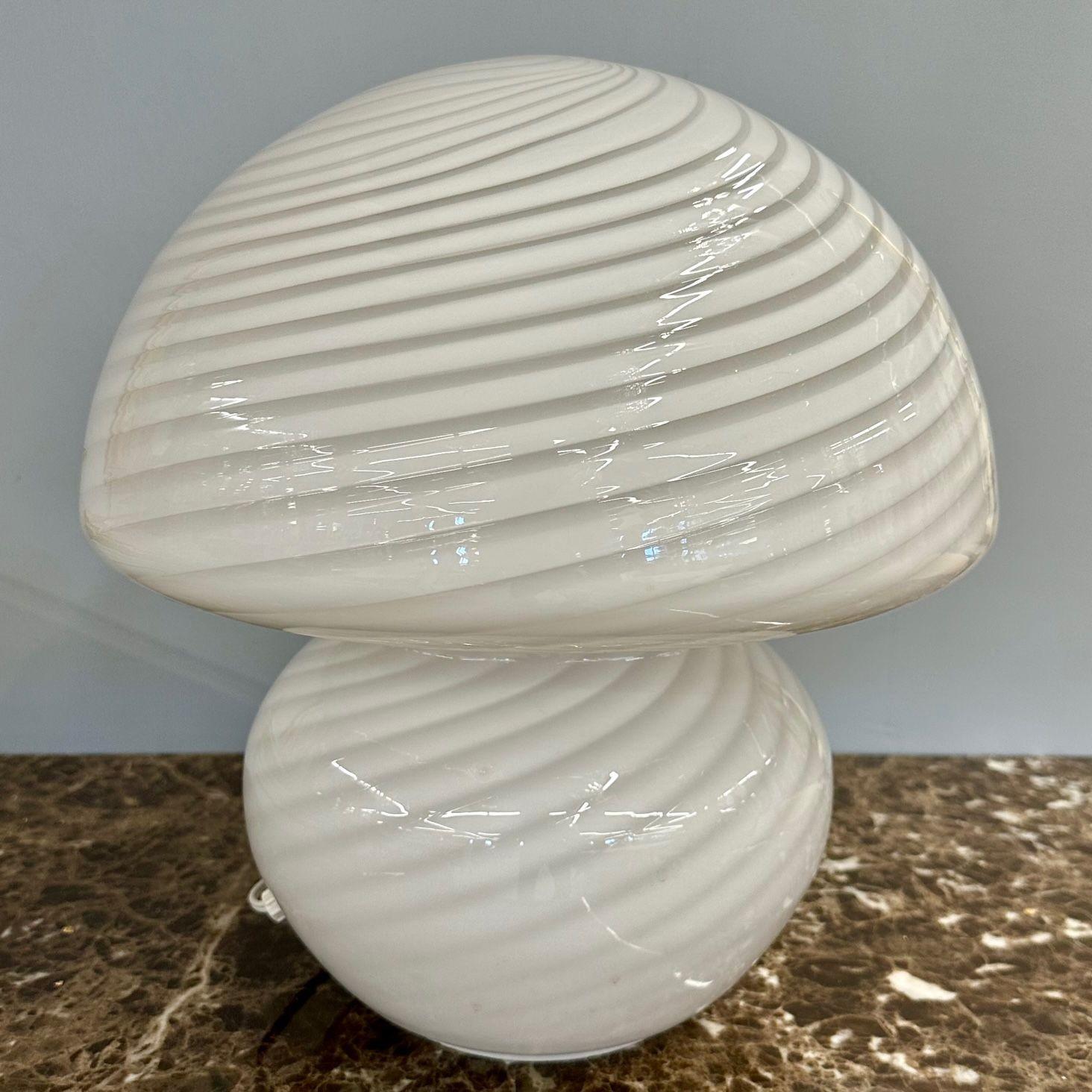 Italian Mid-Century Modern Mushroom Lamp, White Murano Glass, Swirl Blown Glass
 
Mouth blown in a single piece of glass in a rare shape with a swirl pattern. Handmade in Italy.
 
Glass, 14.5
