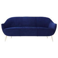 Italian Mid-Century Modern New Blue Upholstery Brass Legs Sofa