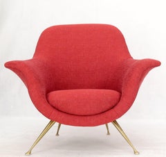 Italian Mid-Century Modern New Red Upholstery Lounge Chair on Solid Brass Legs