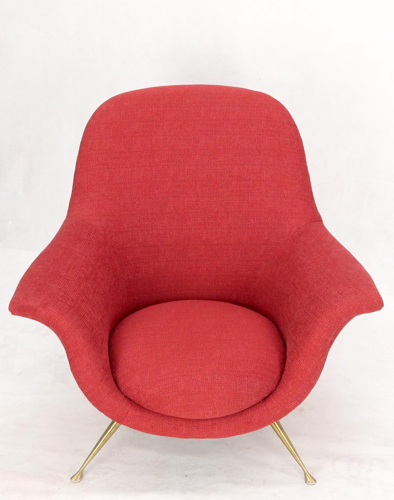 Italian Mid-Century Modern New Red Upholstery Lounge Chair on Solid Brass Legs In Excellent Condition For Sale In Rockaway, NJ