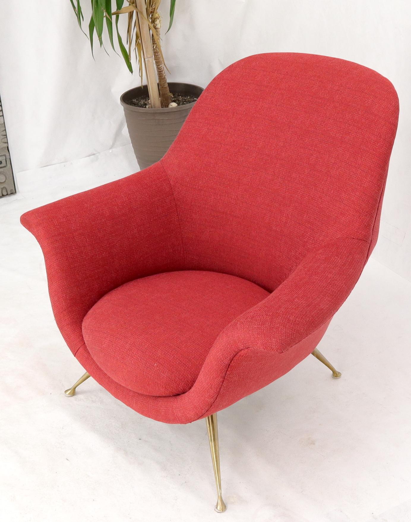 20th Century Italian Mid-Century Modern New Red Upholstery Lounge Chair on Solid Brass Legs For Sale