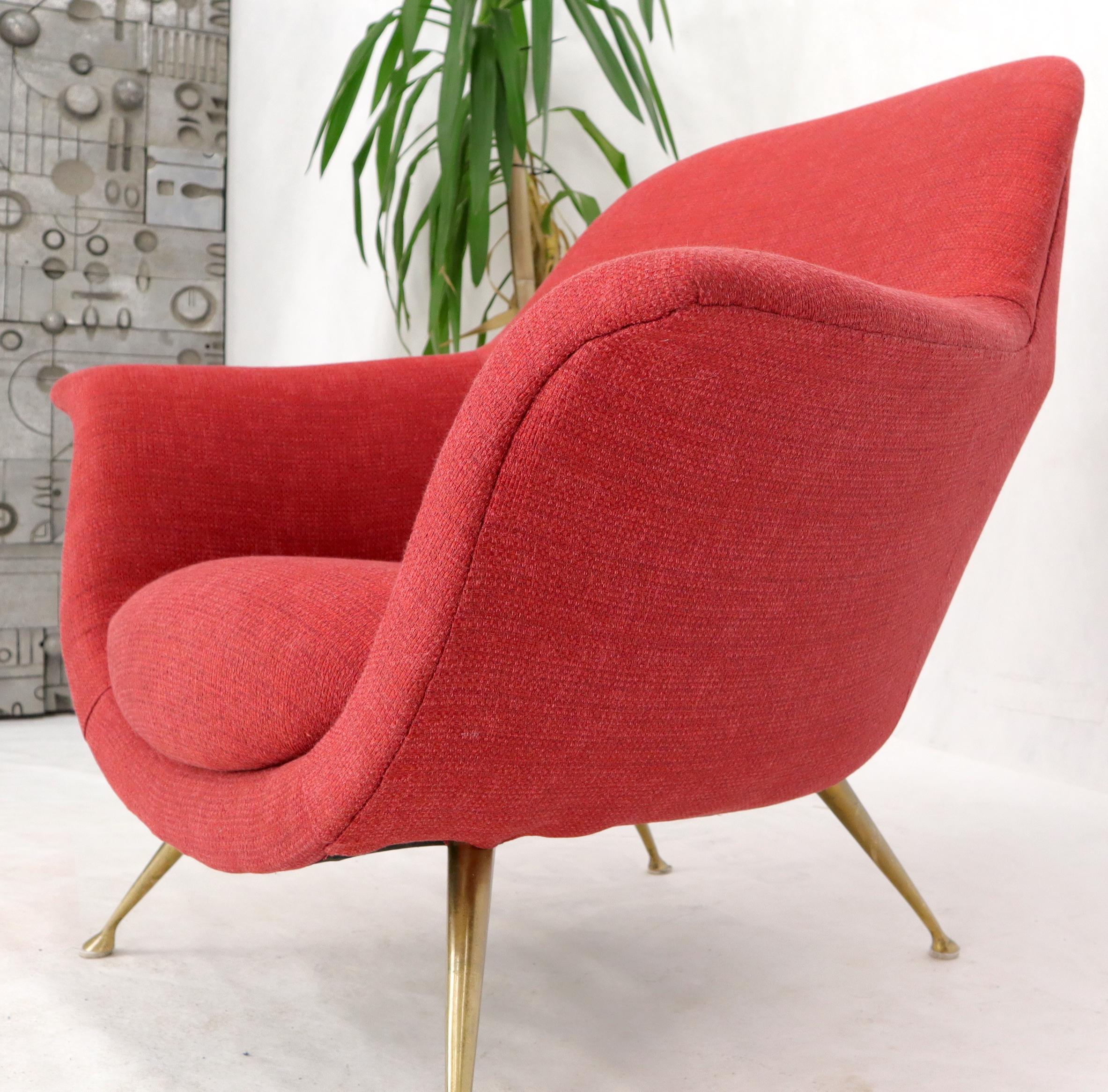 Italian Mid-Century Modern New Red Upholstery Lounge Chair on Solid Brass Legs For Sale 4