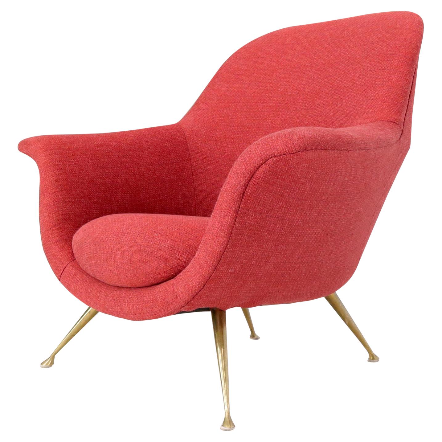 Italian Mid-Century Modern New Red Upholstery Lounge Chair on Solid Brass Legs