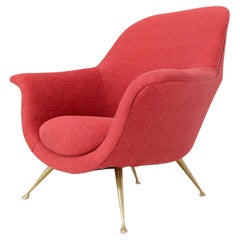 Vintage Italian Mid-Century Modern New Red Upholstery Lounge Chair on Solid Brass Legs