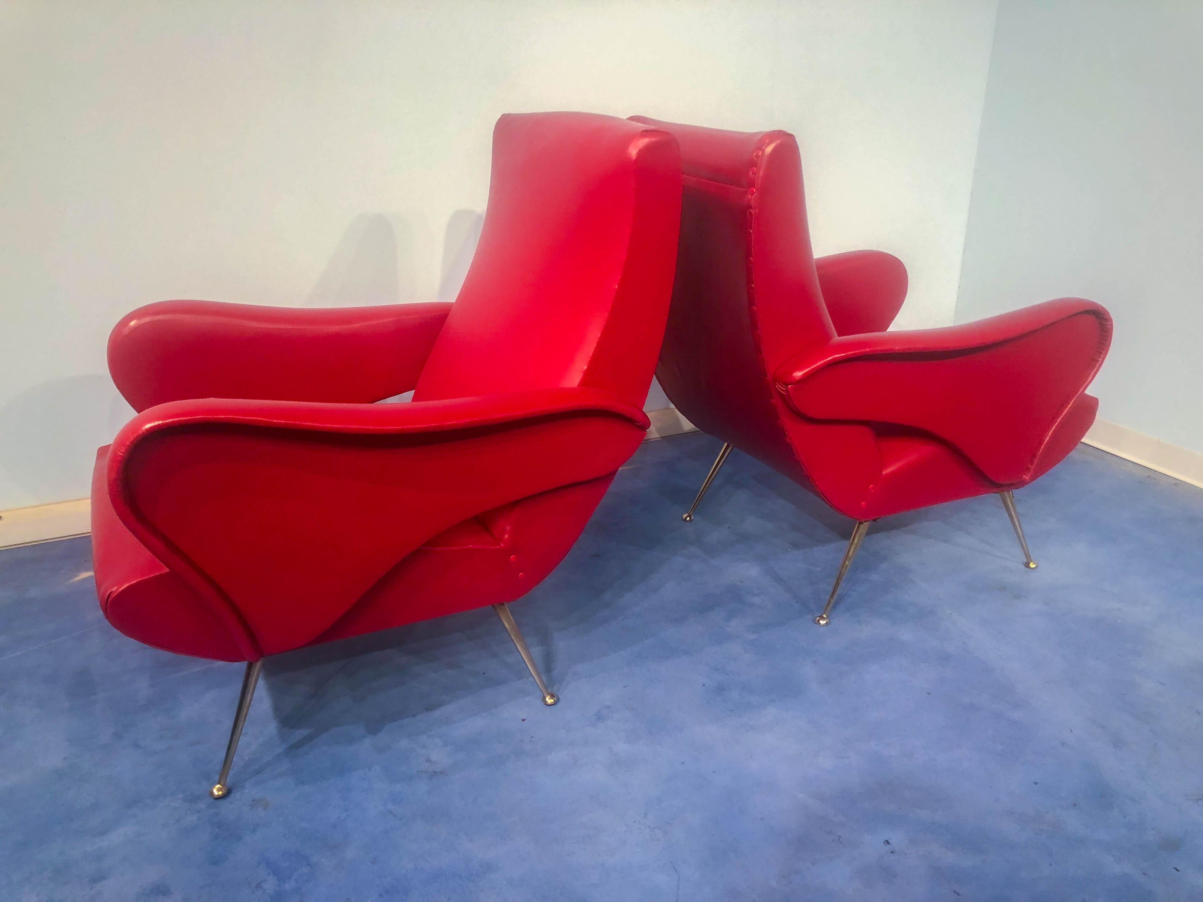 Pair of Italian Midcentury Modern Red Vinyl Armchairs, Nino Zoncada Style, 1950s 2