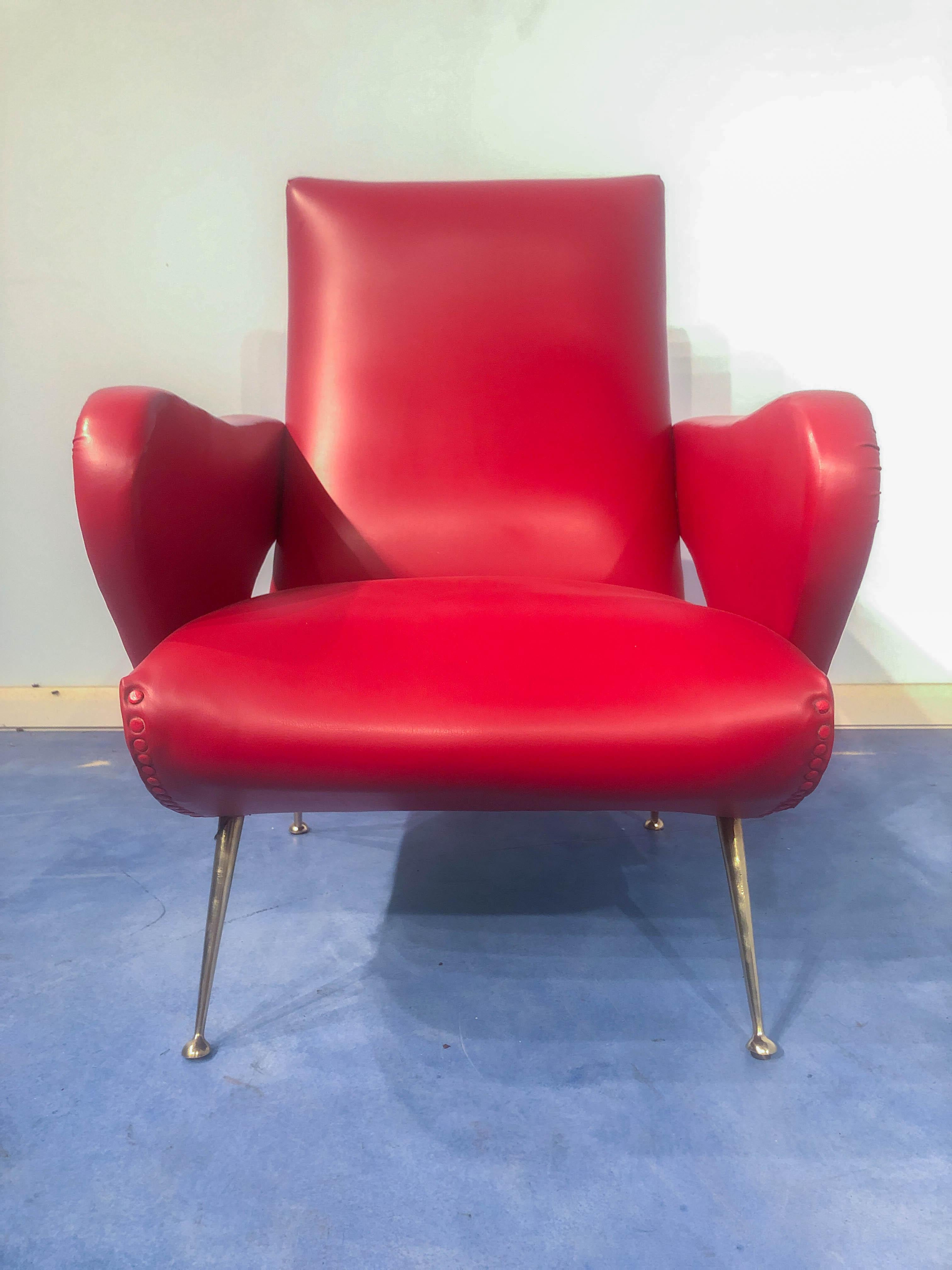 Pair of Italian Midcentury Modern Red Vinyl Armchairs, Nino Zoncada Style, 1950s 3