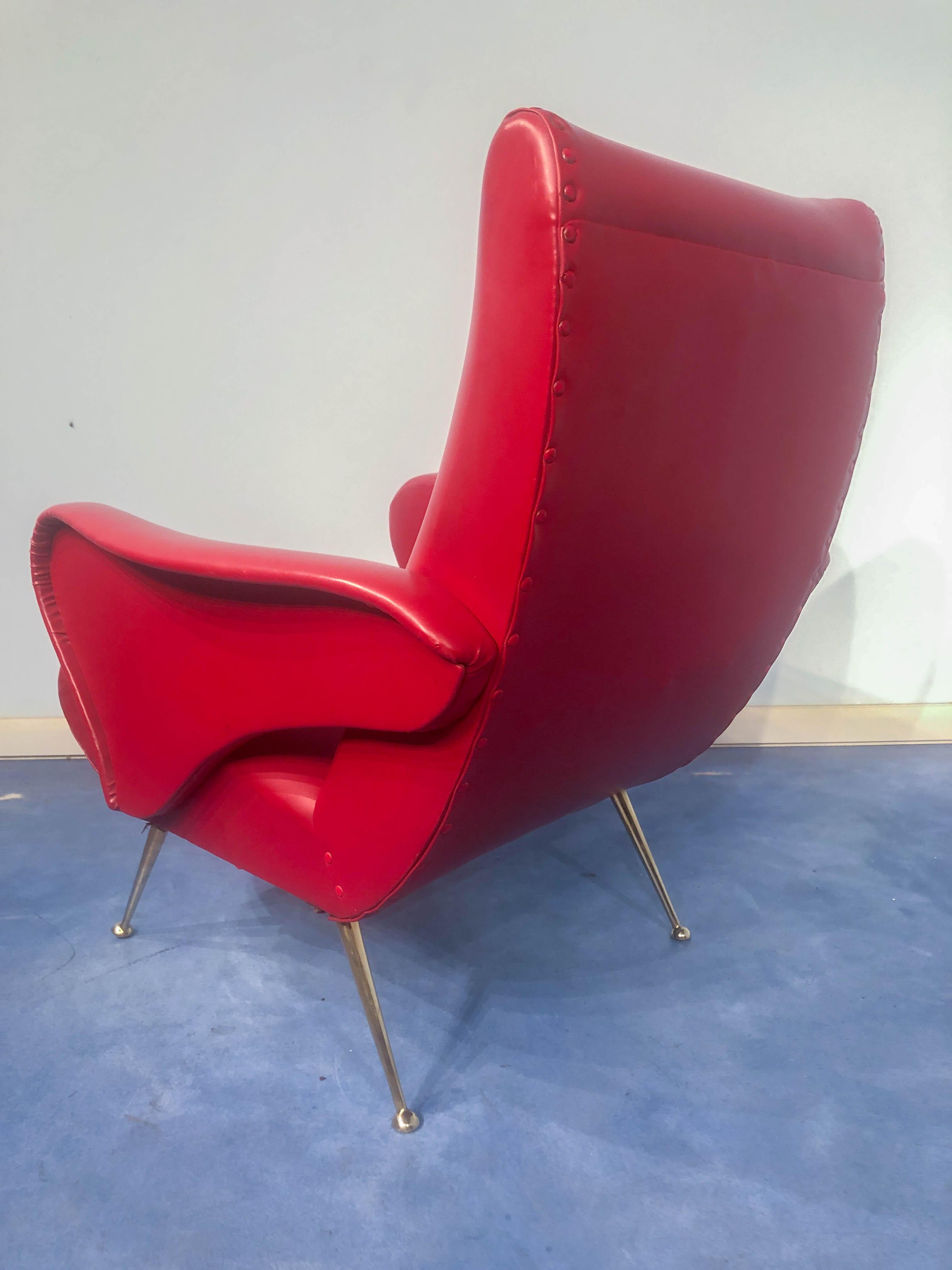 Pair of Italian Midcentury Modern Red Vinyl Armchairs, Nino Zoncada Style, 1950s 5
