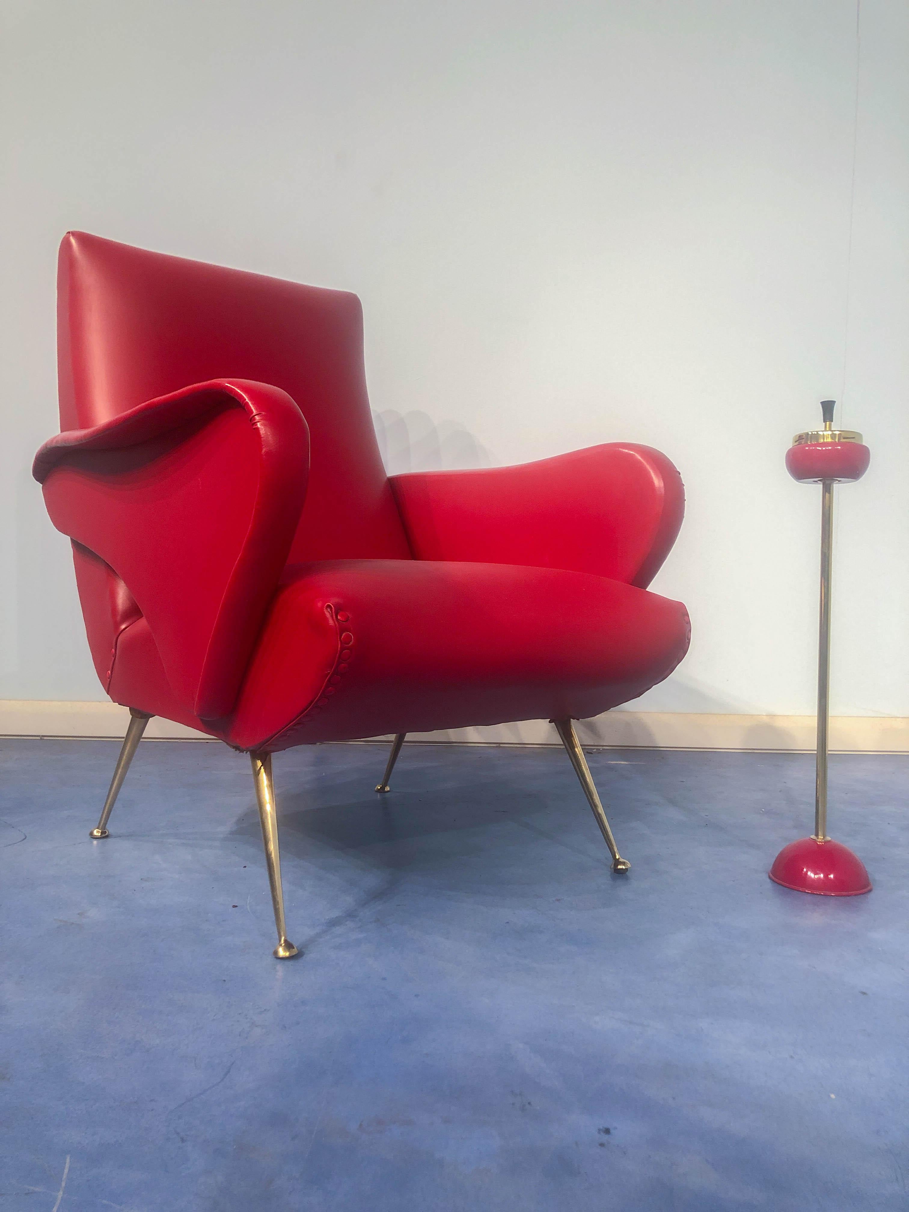 Pair of Italian Midcentury Modern Red Vinyl Armchairs, Nino Zoncada Style, 1950s 9