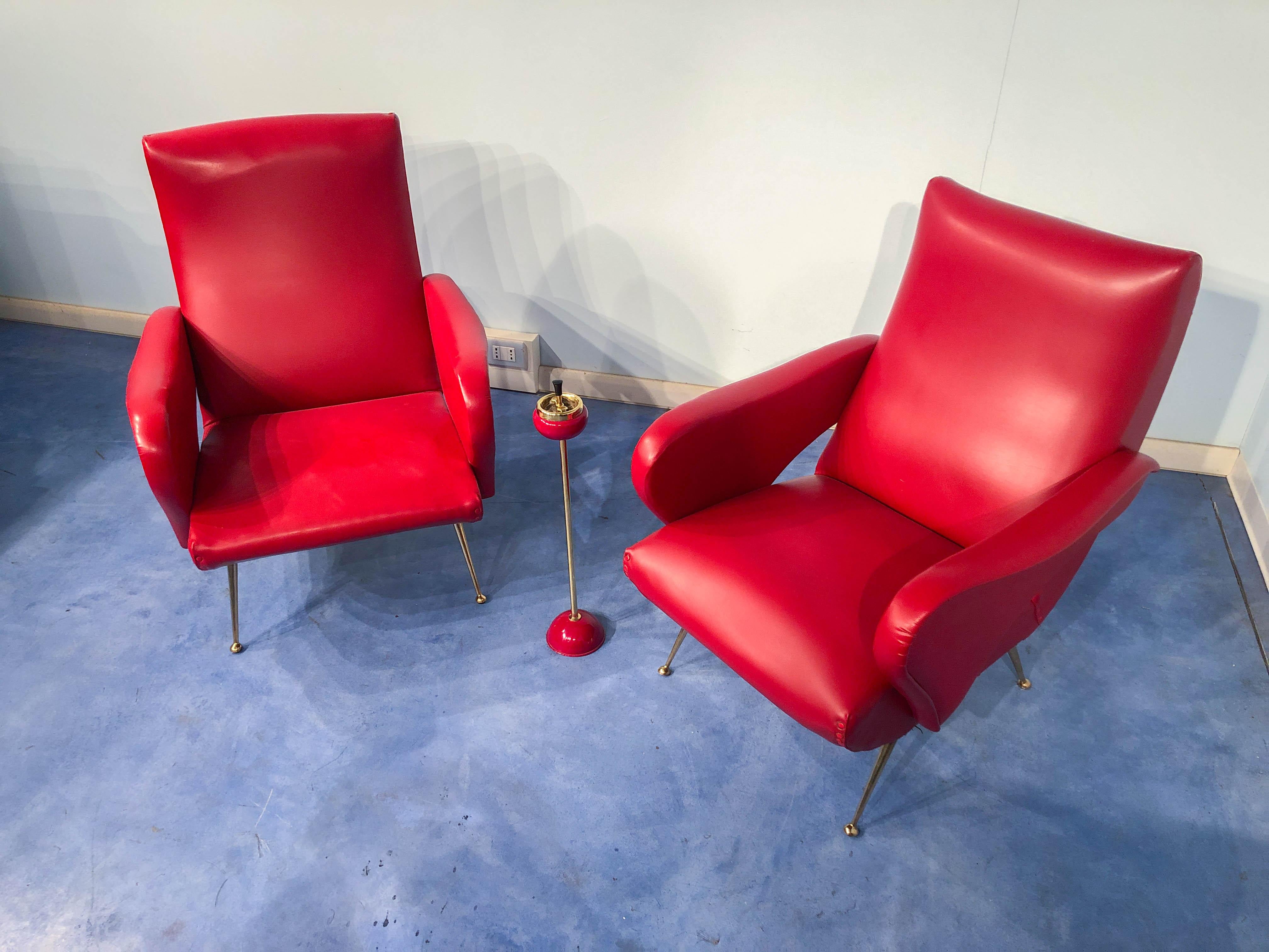 Mid-Century Modern Pair of Italian Midcentury Modern Red Vinyl Armchairs, Nino Zoncada Style, 1950s