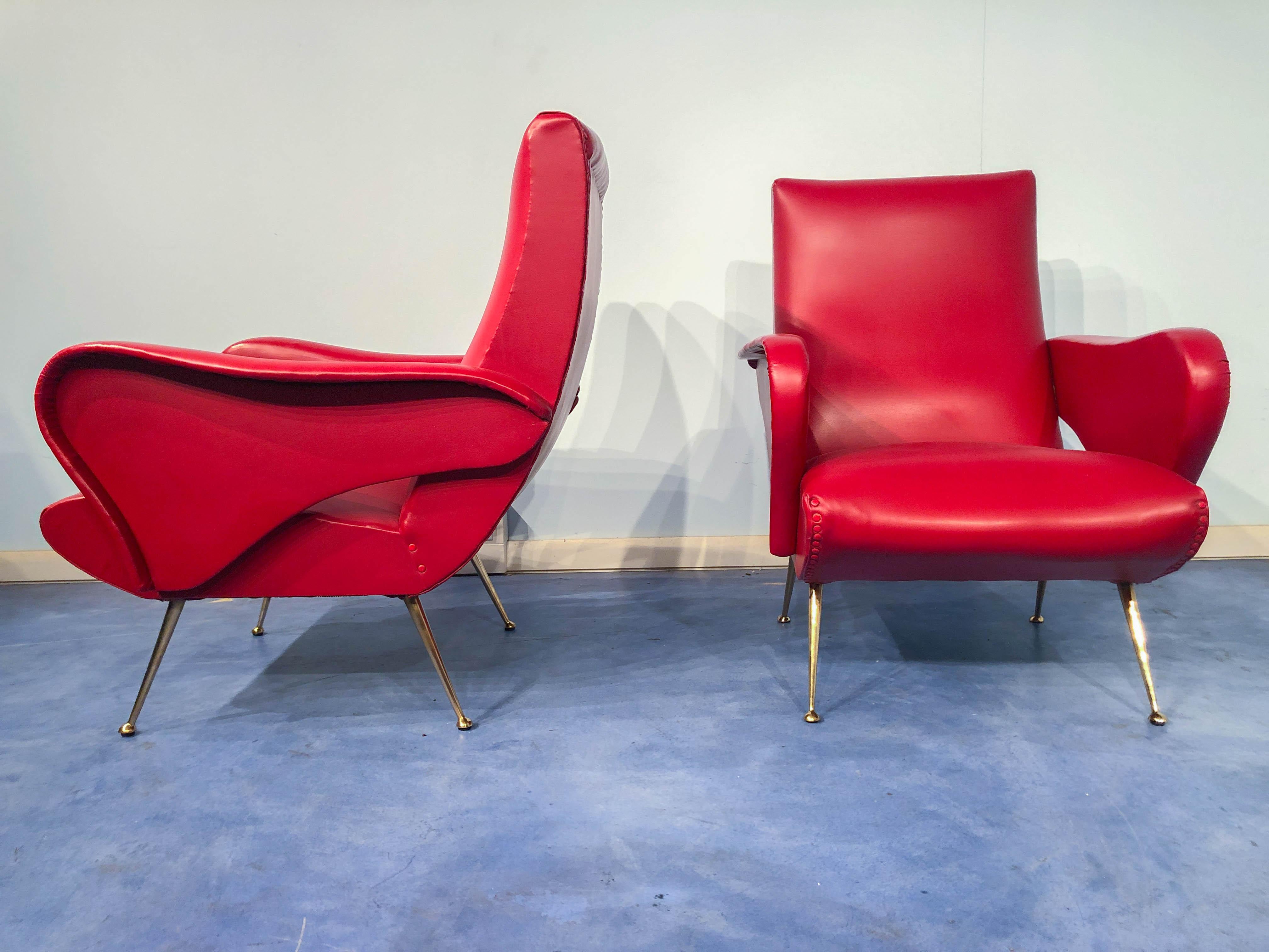 Polished Pair of Italian Midcentury Modern Red Vinyl Armchairs, Nino Zoncada Style, 1950s